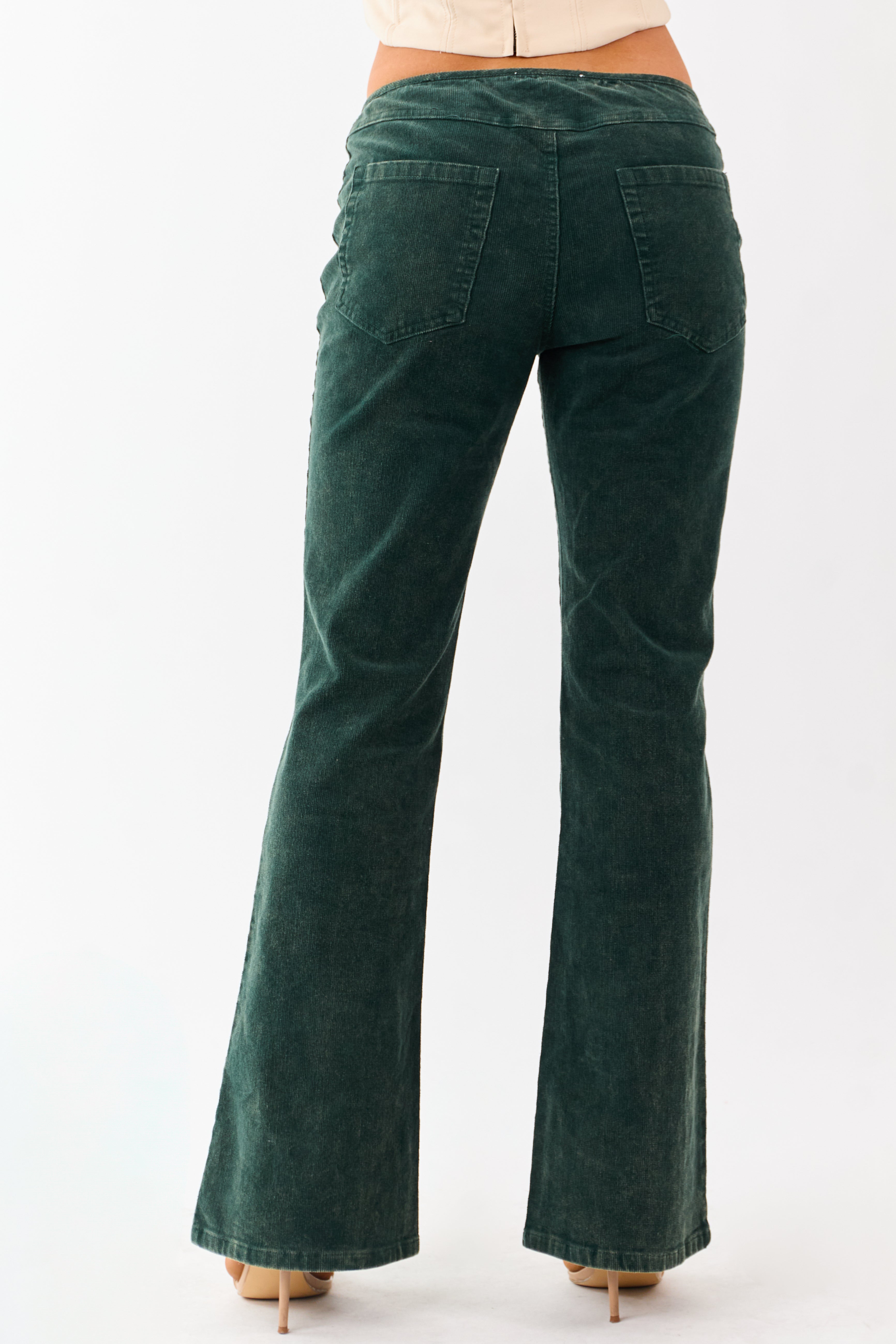 Forest Green Washed Corduroy Mid Rise Flare Pants