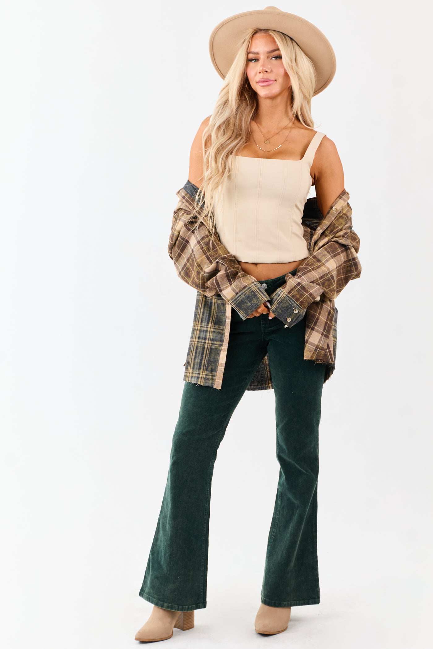 Forest Green Washed Corduroy Mid Rise Flare Pants