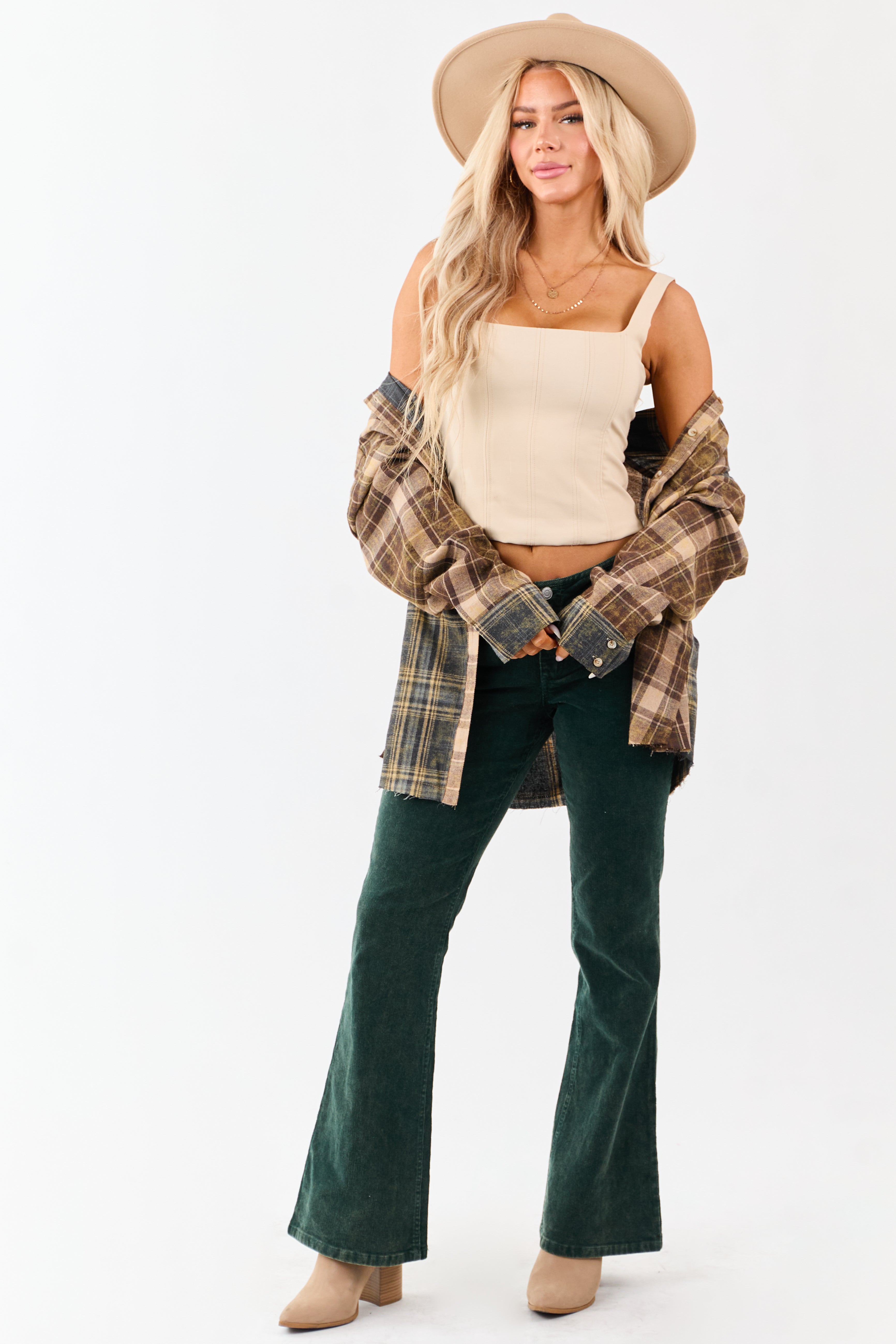 Forest Green Washed Corduroy Mid Rise Flare Pants
