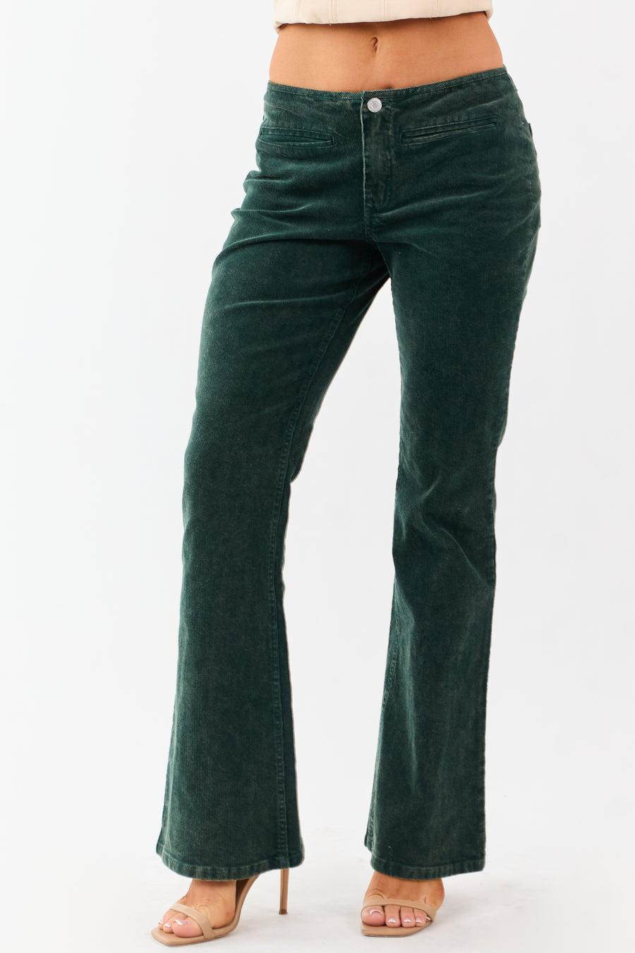 Forest Green Washed Corduroy Mid Rise Flare Pants