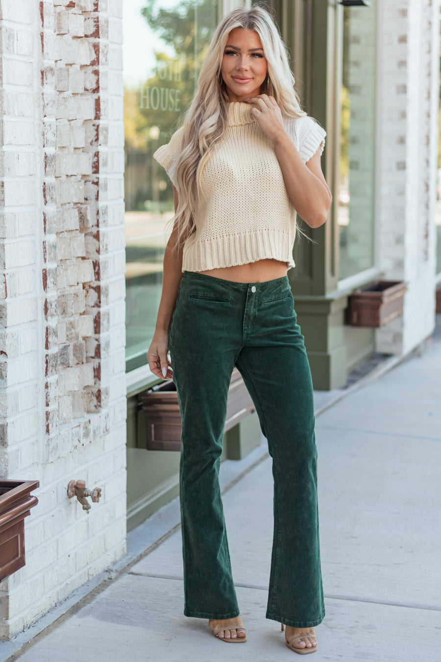 Forest Green Washed Corduroy Mid Rise Flare Pants