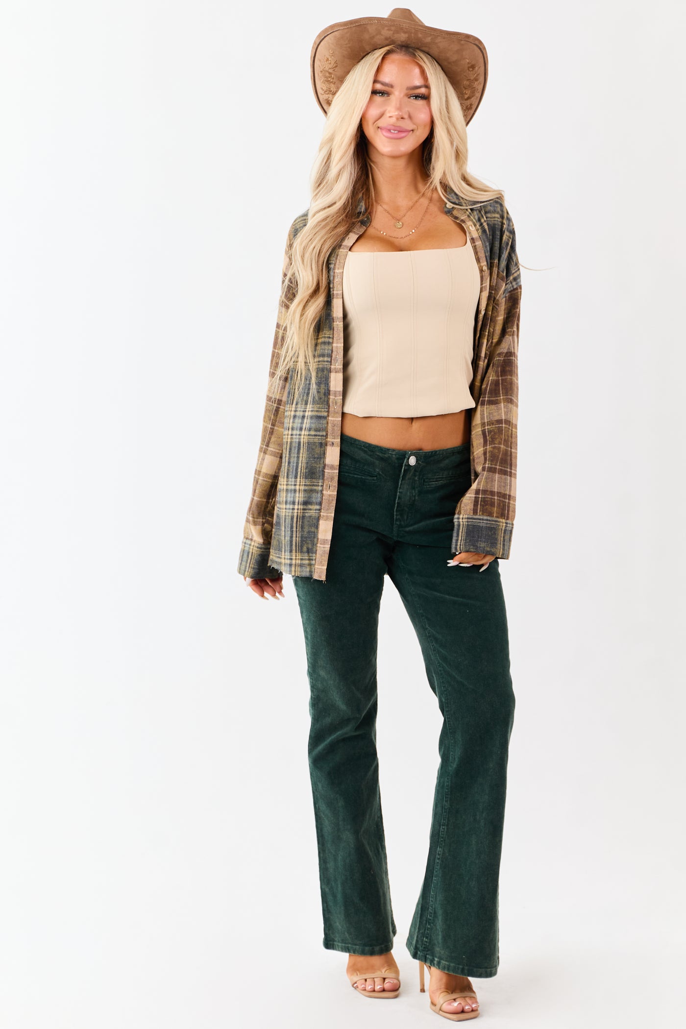 Forest Green Washed Corduroy Mid Rise Flare Pants