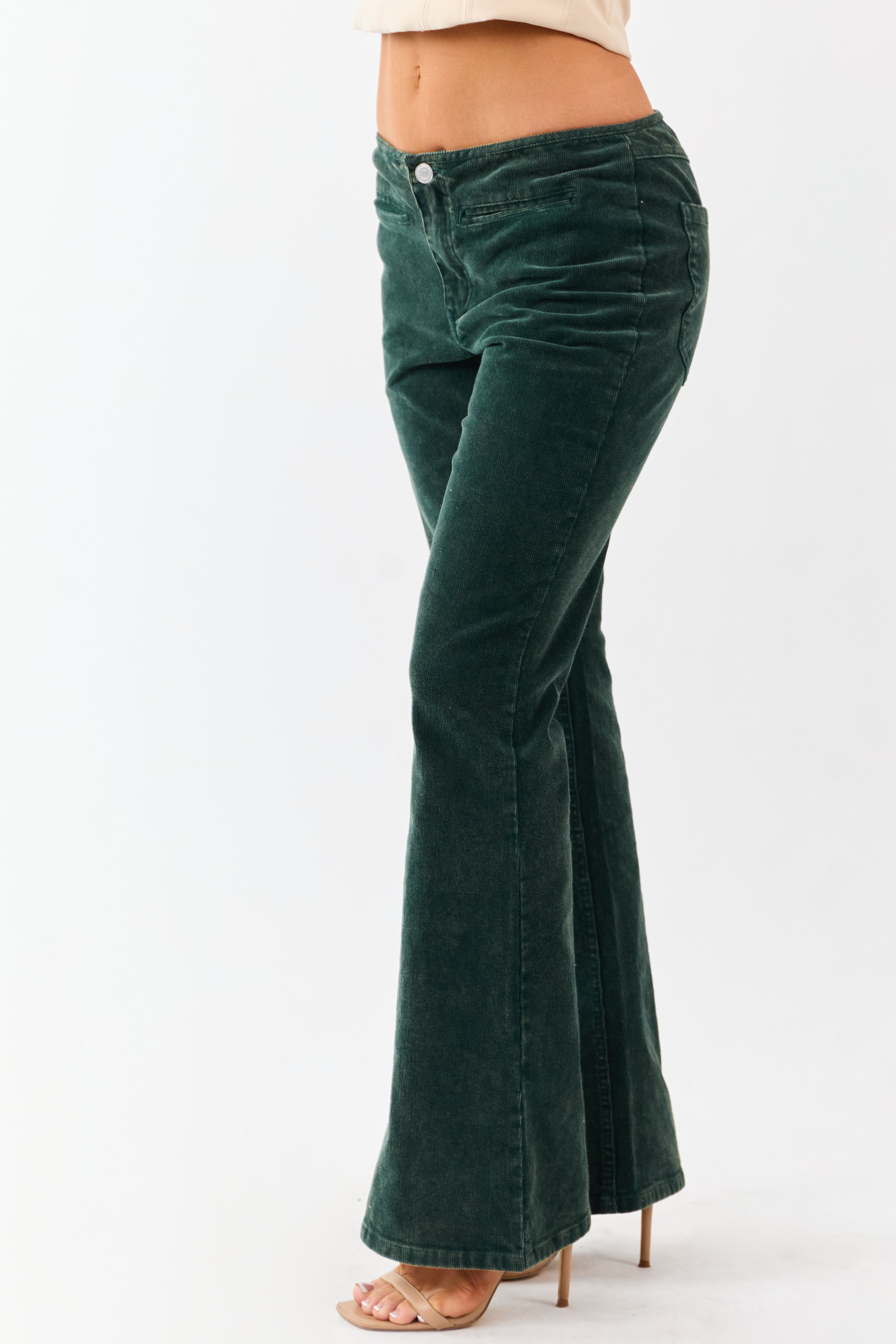 Forest Green Washed Corduroy Mid Rise Flare Pants