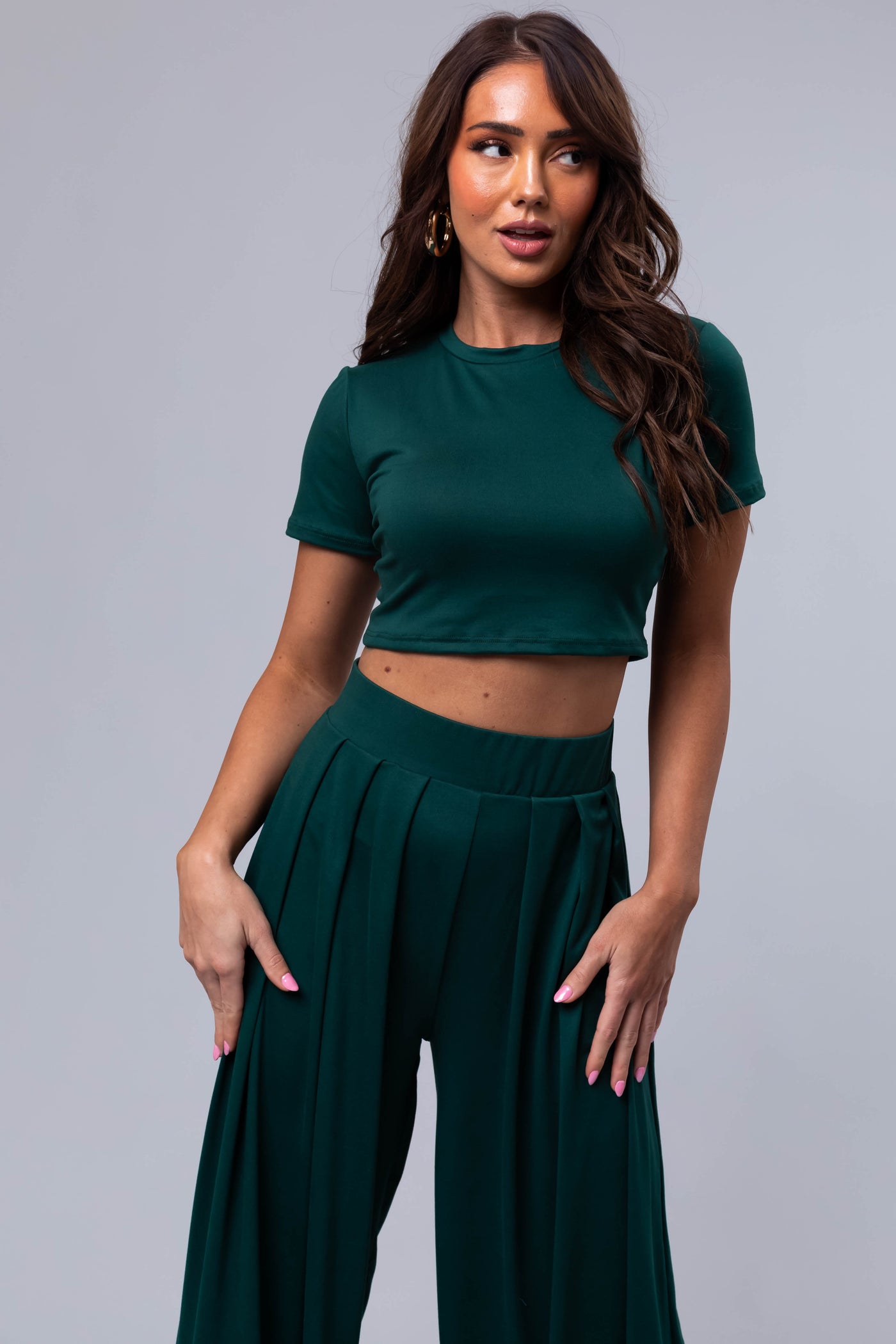 Forest Green Wide Leg Pants with Crop Top Set