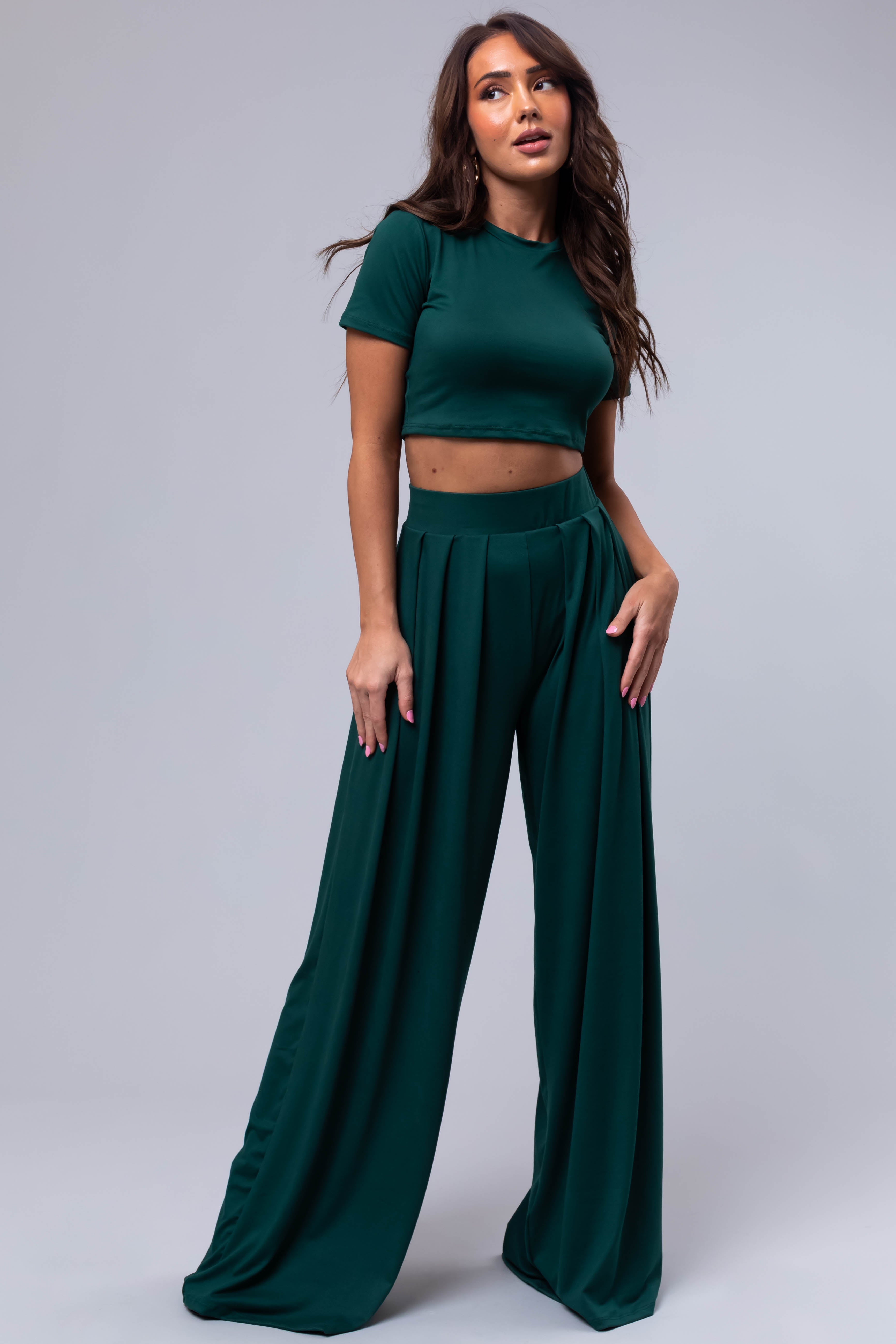 Forest Green Wide Leg Pants with Crop Top Set | Lime Lush