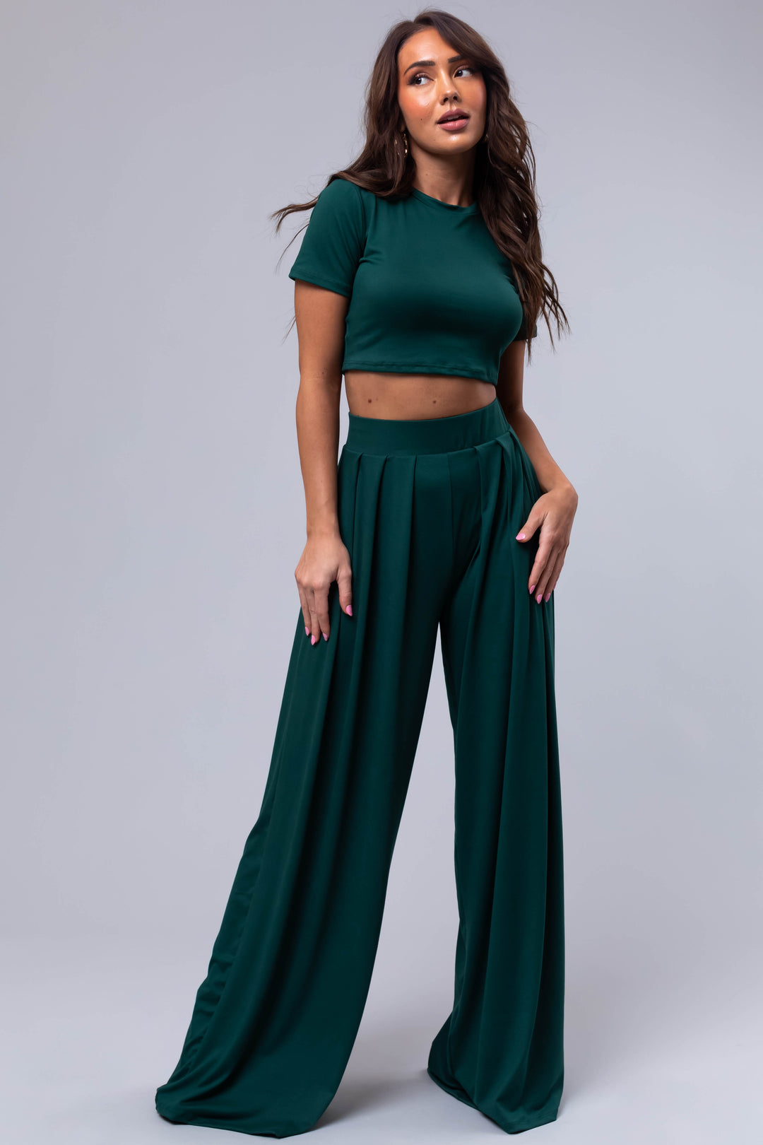 Forest Green Wide Leg Pants with Crop Top Set & Lime Lush