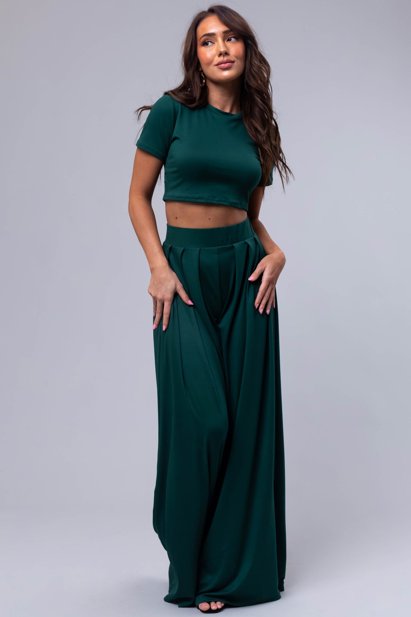 Forest Green Wide Leg Pants with Crop Top Set