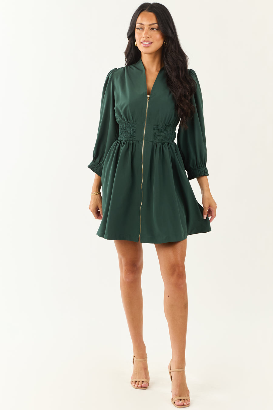 Forest Green Zip Up Smocked Waist Mini Dress