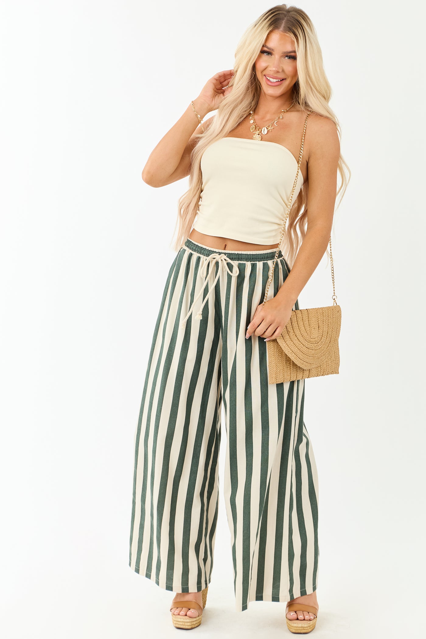 Forest Green and Almond Striped Wide Leg Pants