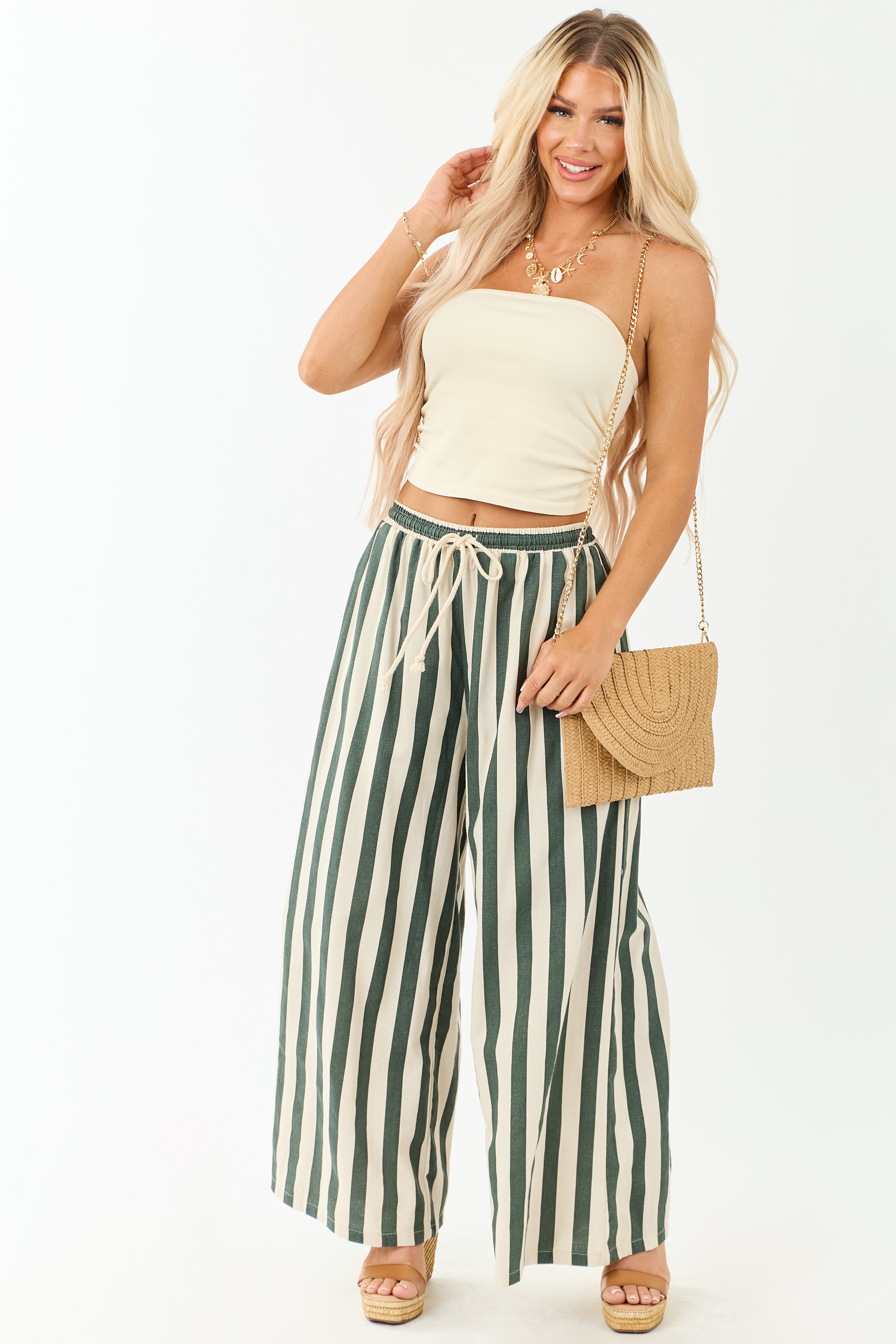 Forest Green and Almond Striped Wide Leg Pants