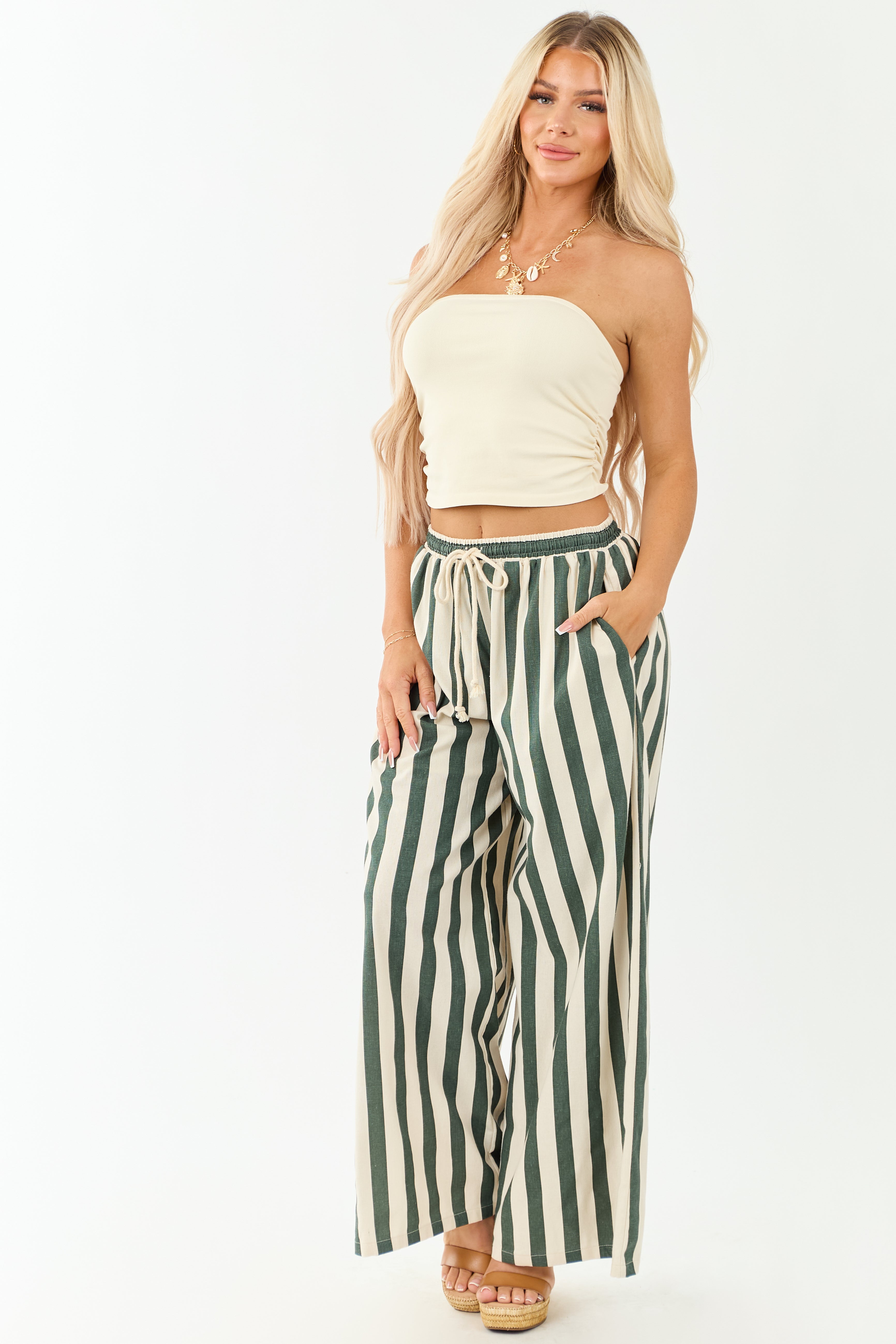 Forest Green and Almond Striped Wide Leg Pants