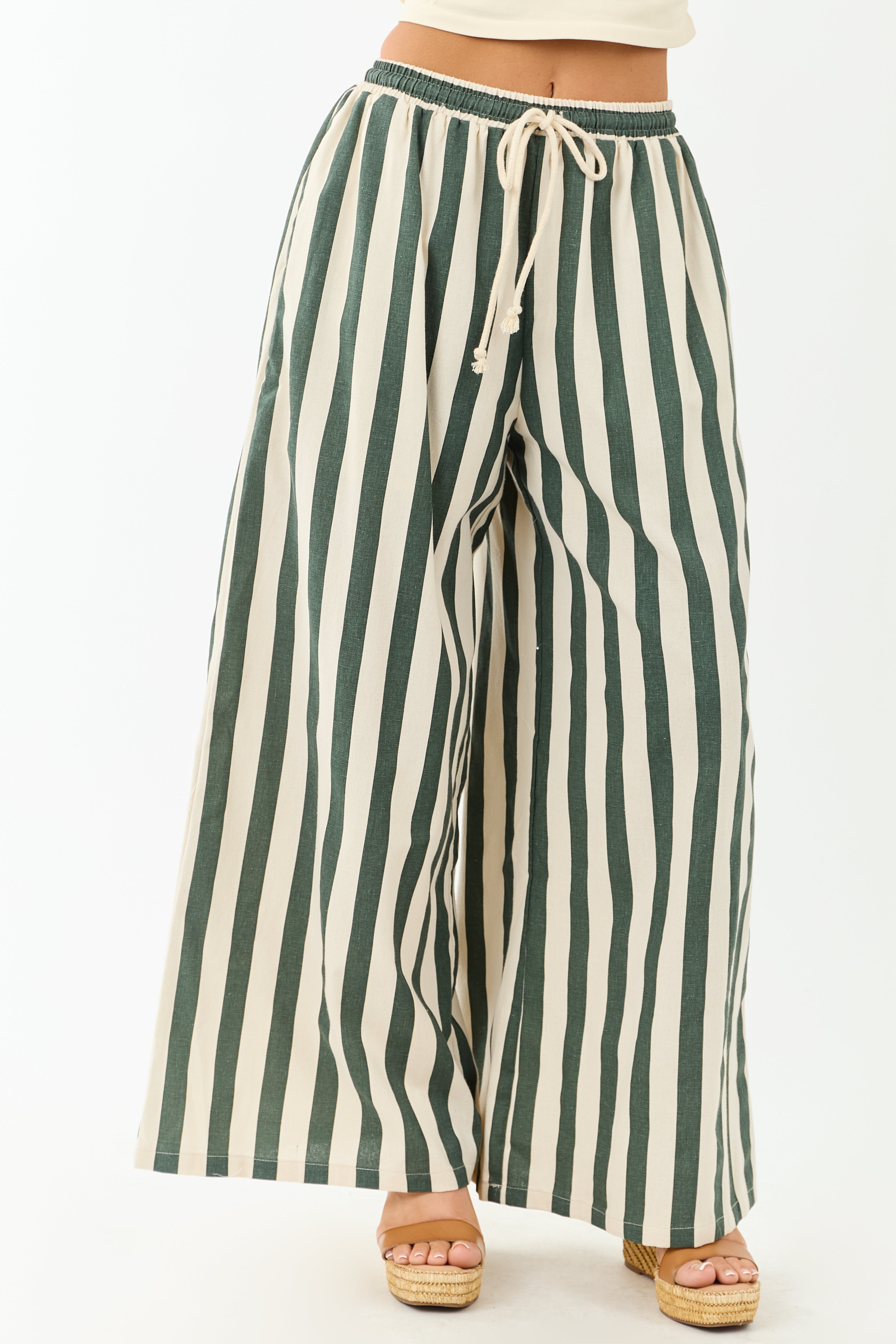 Forest Green and Almond Striped Wide Leg Pants