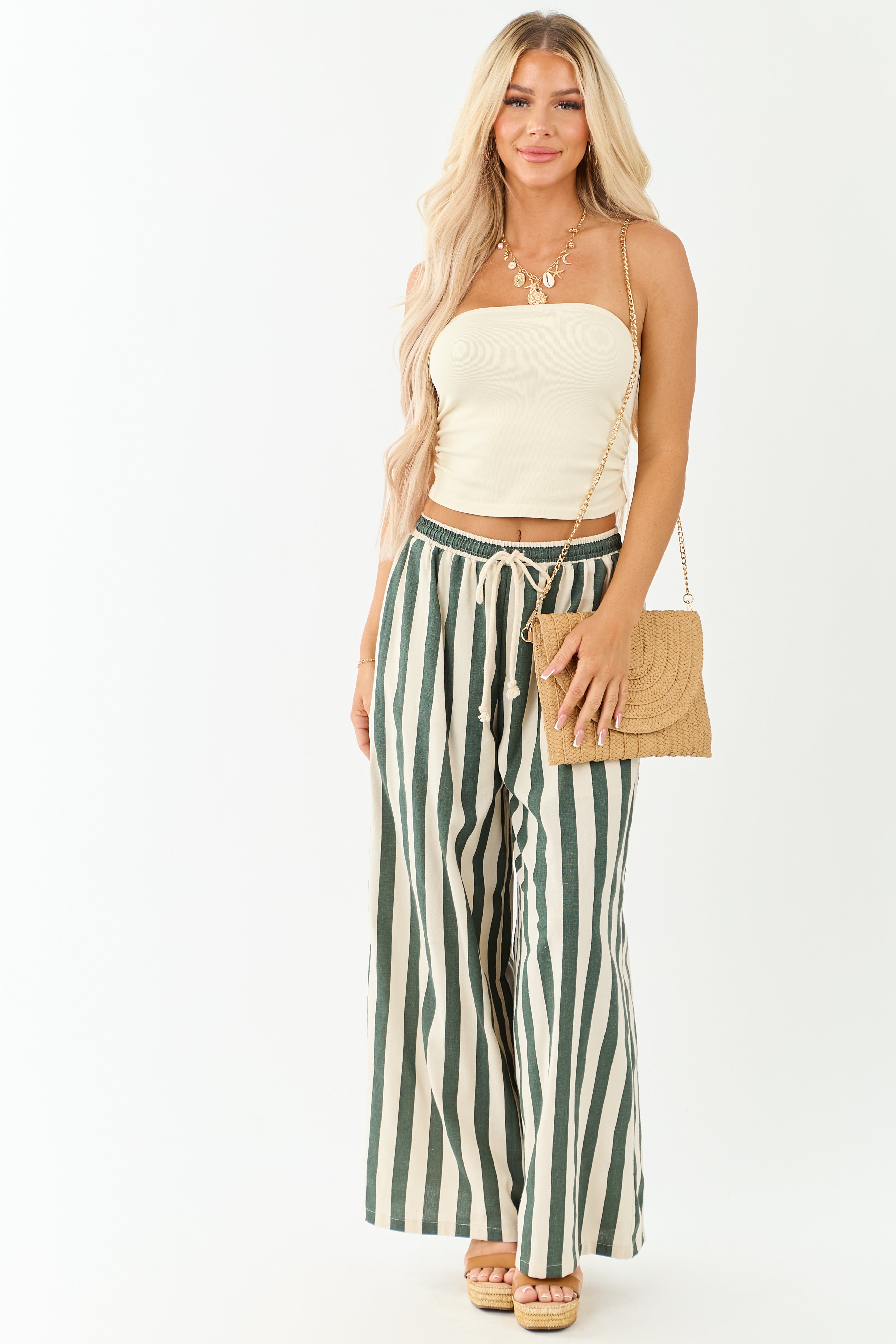 Forest Green and Almond Striped Wide Leg Pants