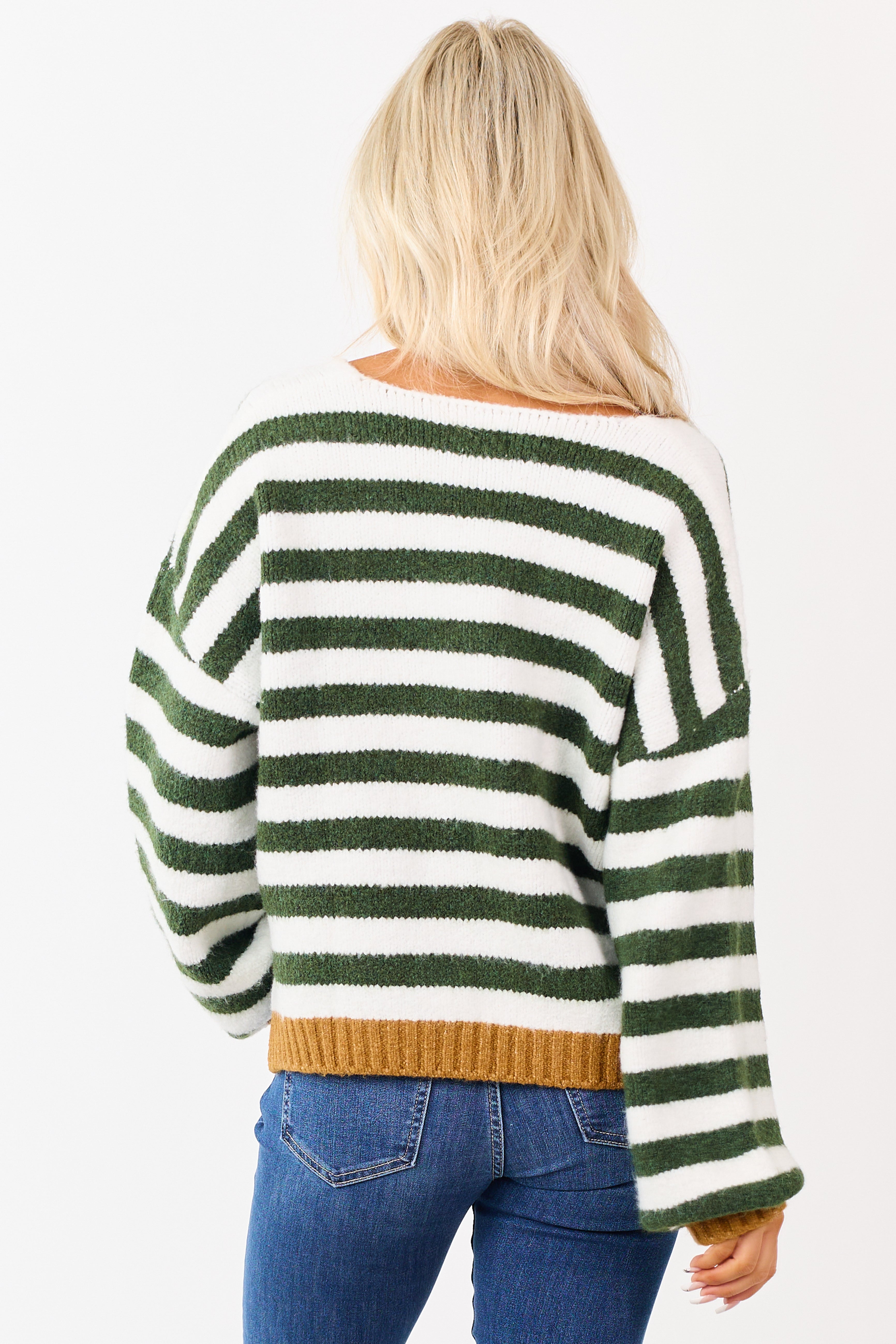 Forest Green and Ivory Striped Wide V Neck Sweater