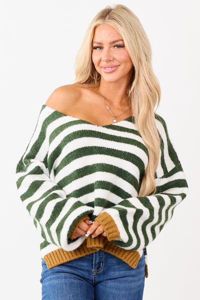 Forest Green and Ivory Striped Wide V Neck Sweater