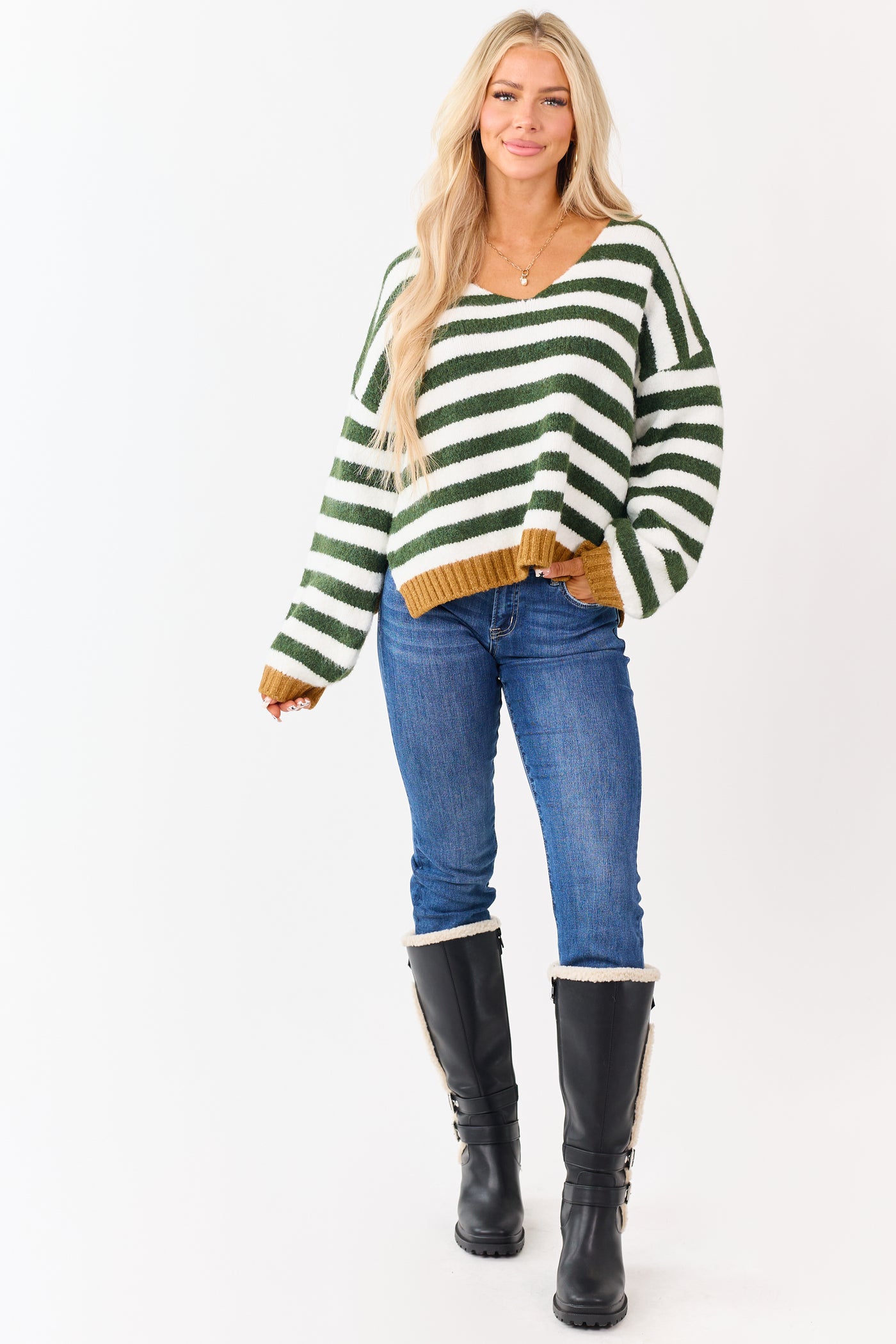 Forest Green and Ivory Striped Wide V Neck Sweater