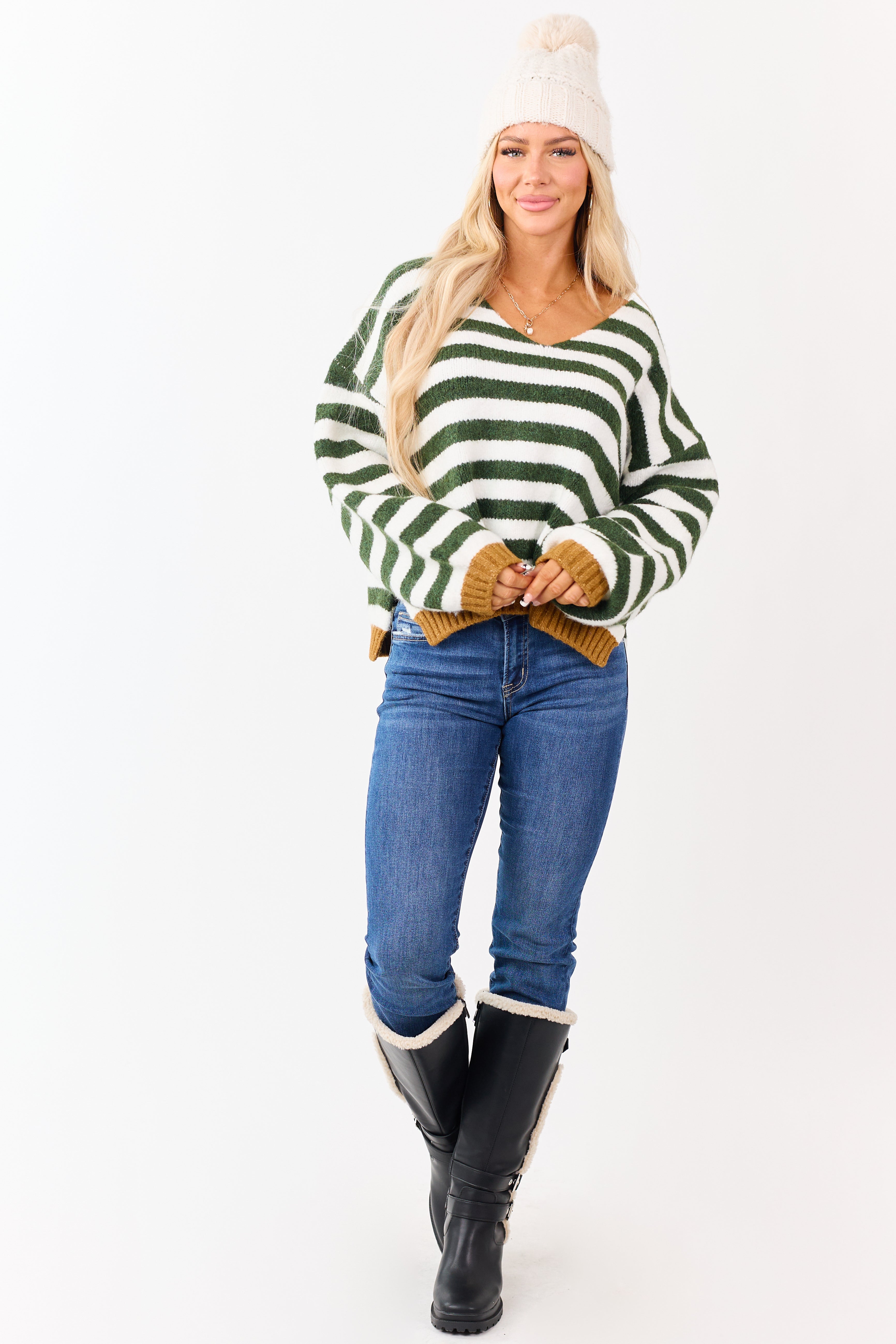 Forest Green and Ivory Striped Wide V Neck Sweater