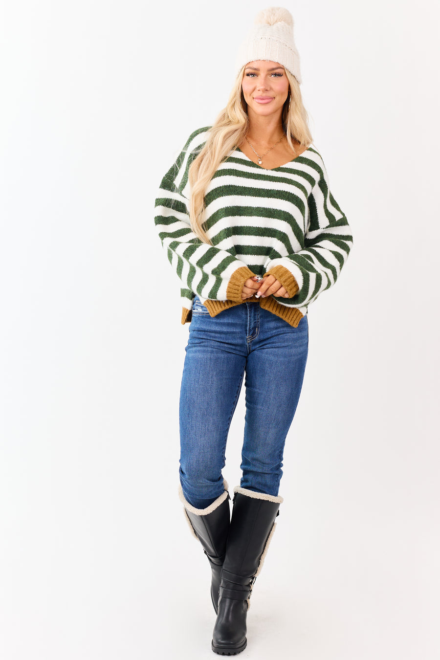Forest Green and Ivory Striped Wide V Neck Sweater