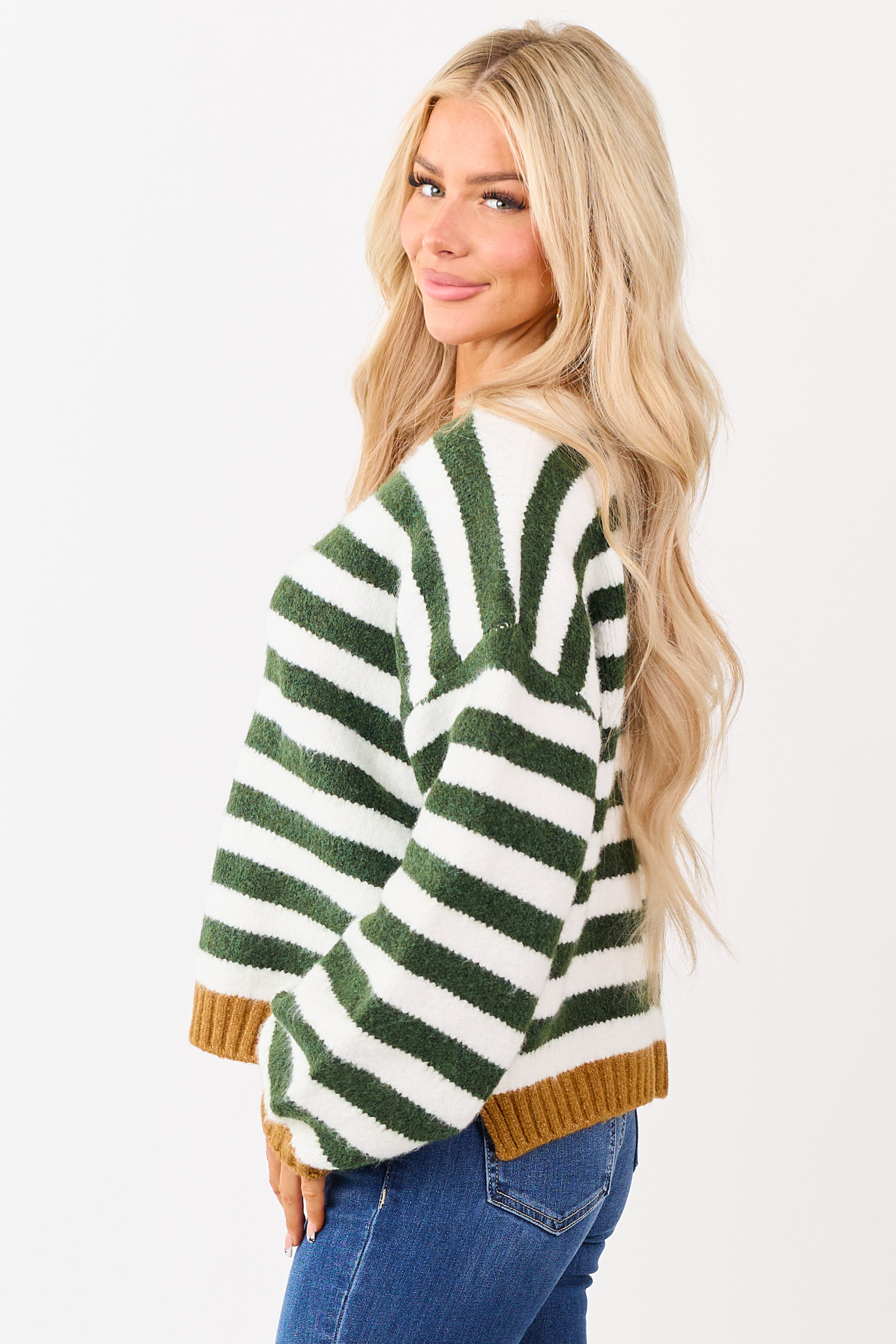 Forest Green and Ivory Striped Wide V Neck Sweater