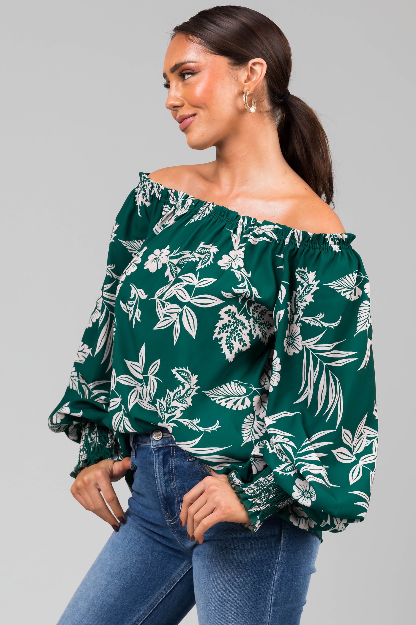 Forest Off the Shoulder Floral Print Blouse