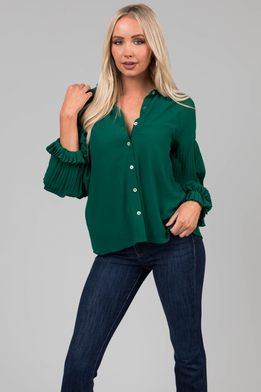 Forest Pleated Poet Sleeve Button Up Blouse