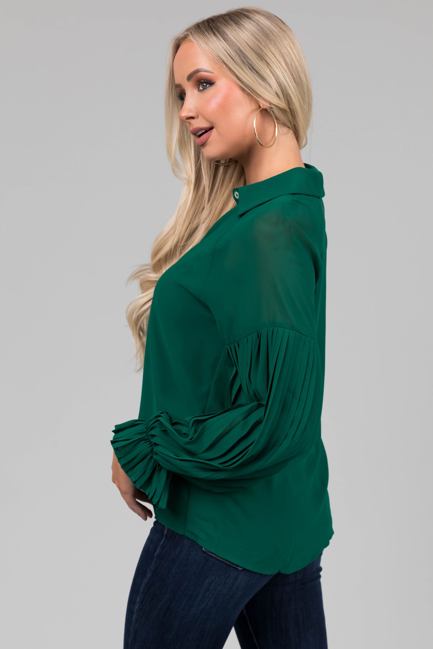 Forest Pleated Poet Sleeve Button Up Blouse