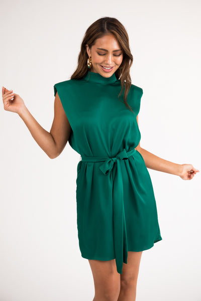 Forest Sash Tie Textured Satin Mock Neck Dress