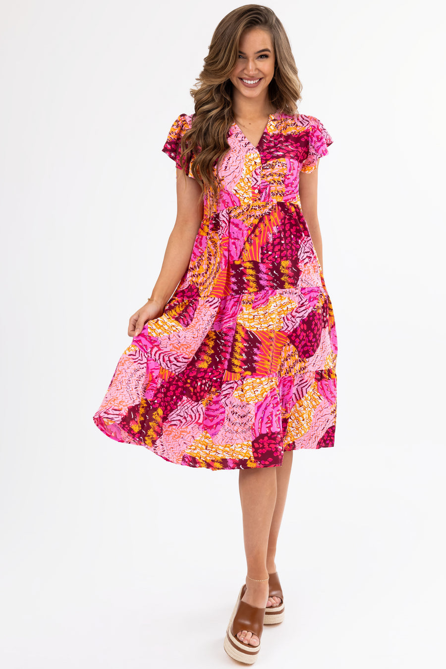 Fuchsia Abstract Print Short Sleeve Midi Dress