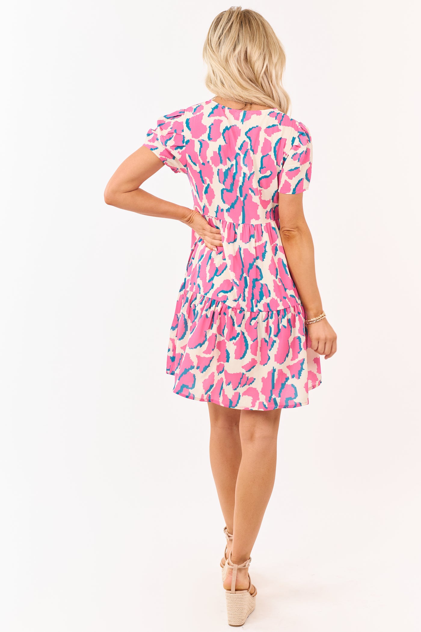Fuchsia Abstract Print Tiered Flowy Mini Dress