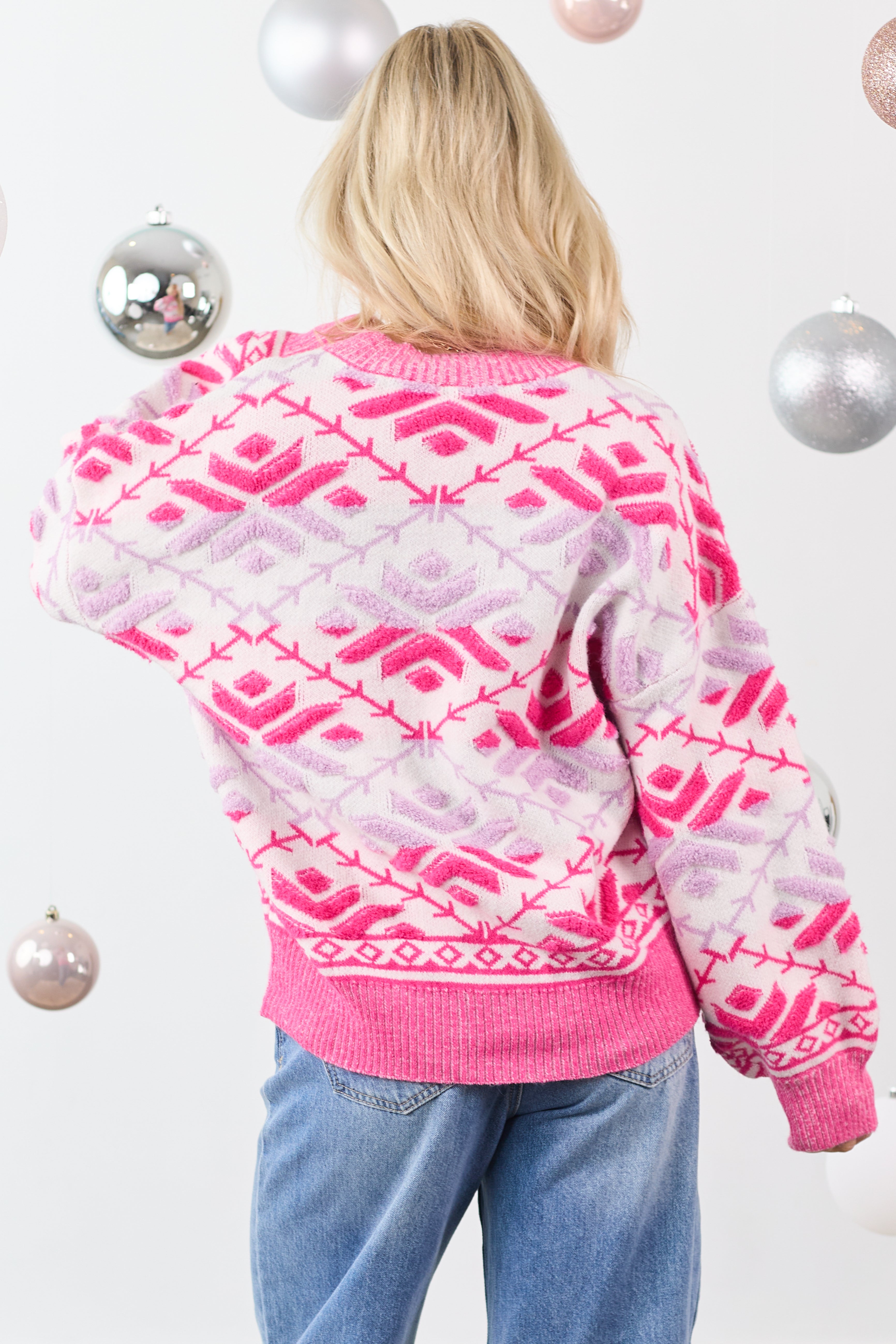 Fuchsia Abstract Snowflake Print Knit Sweater