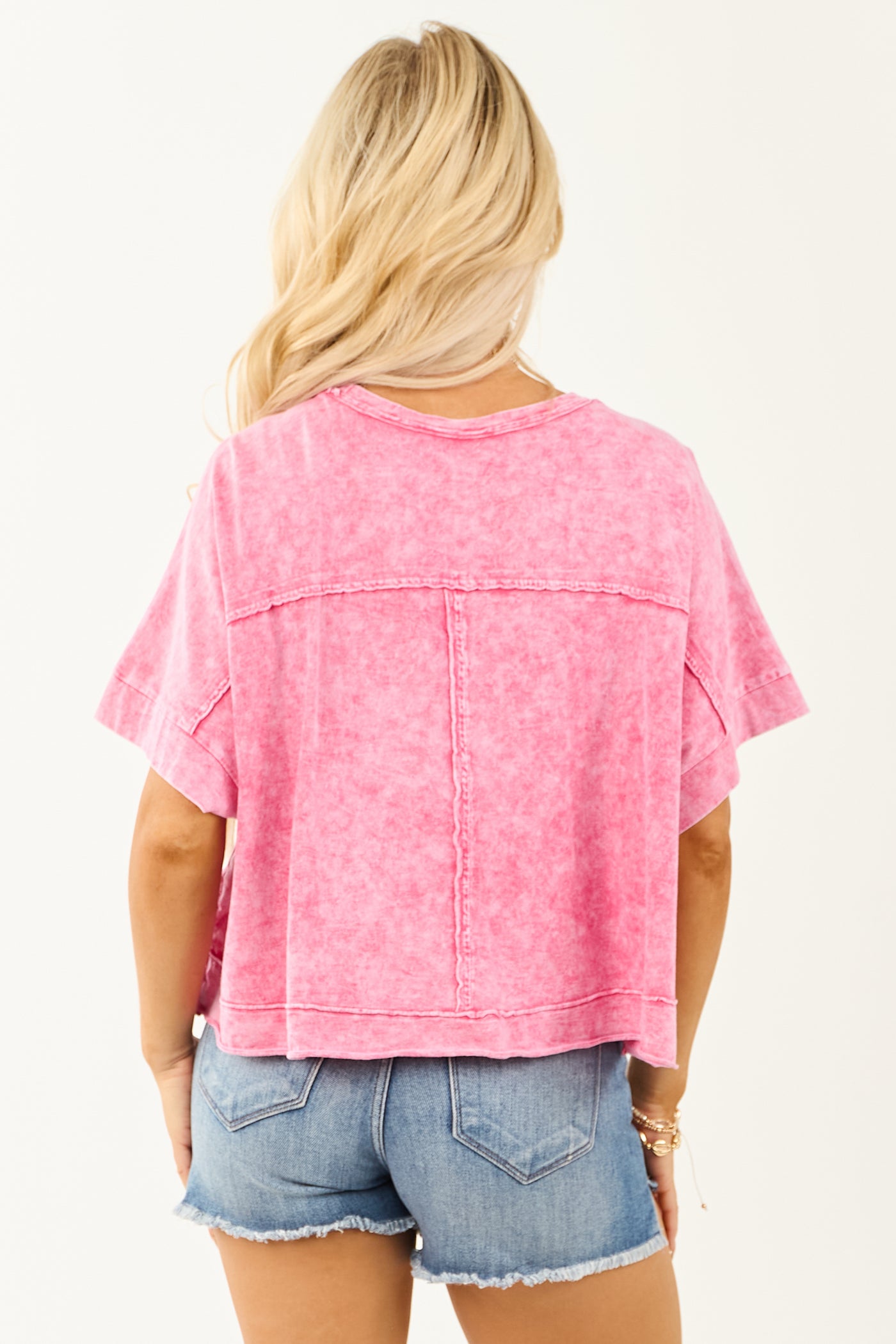 Fuchsia Acid Wash Relaxed Cotton Short Sleeve Top