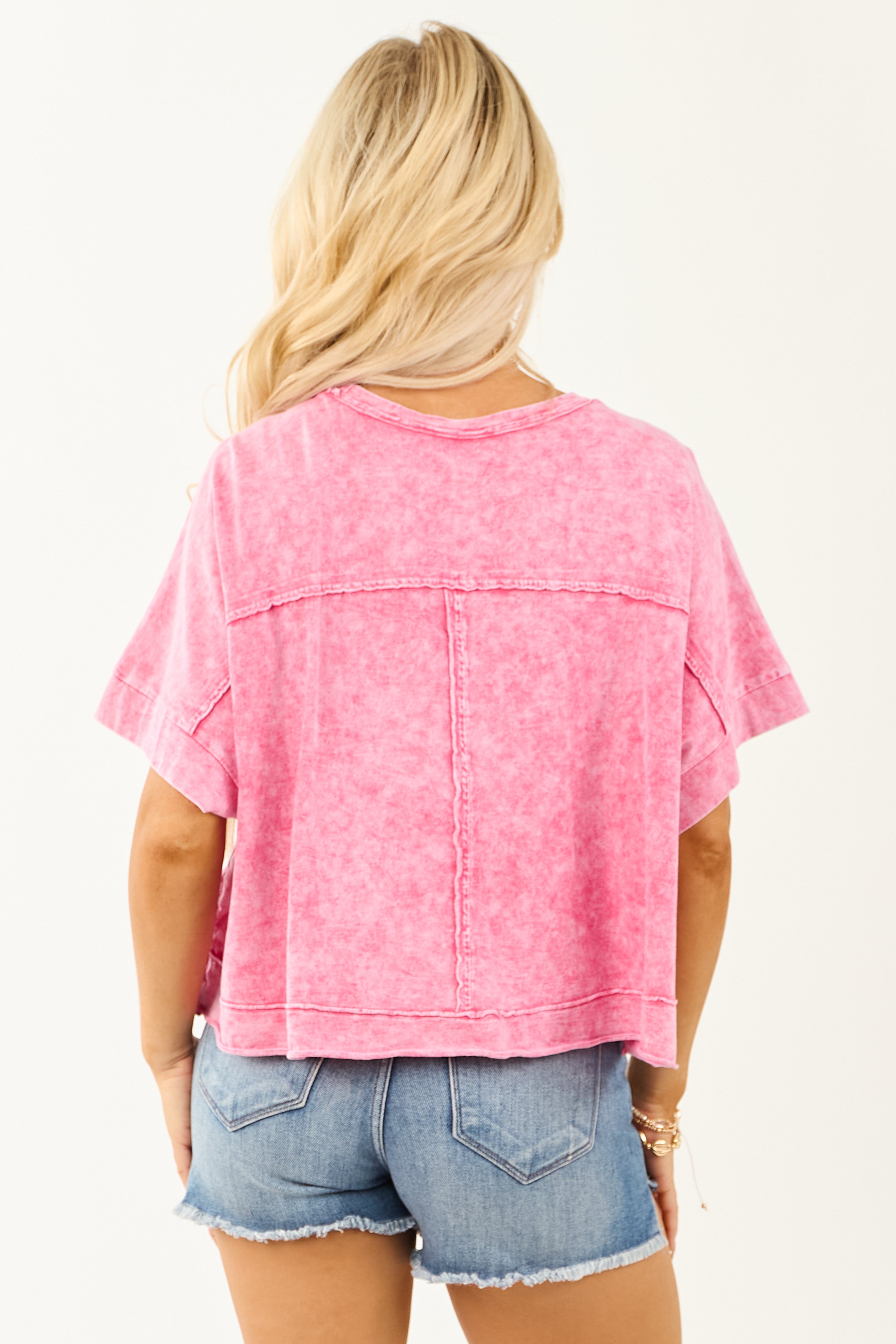 Fuchsia Acid Wash Relaxed Cotton Short Sleeve Top