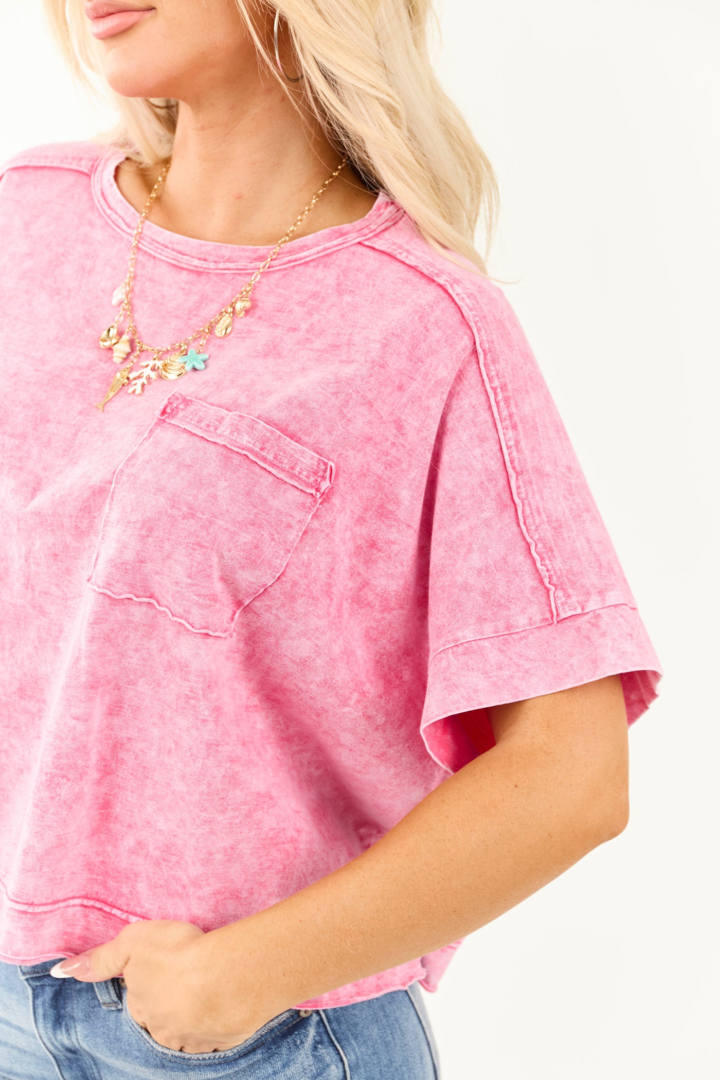 Fuchsia Acid Wash Relaxed Cotton Short Sleeve Top
