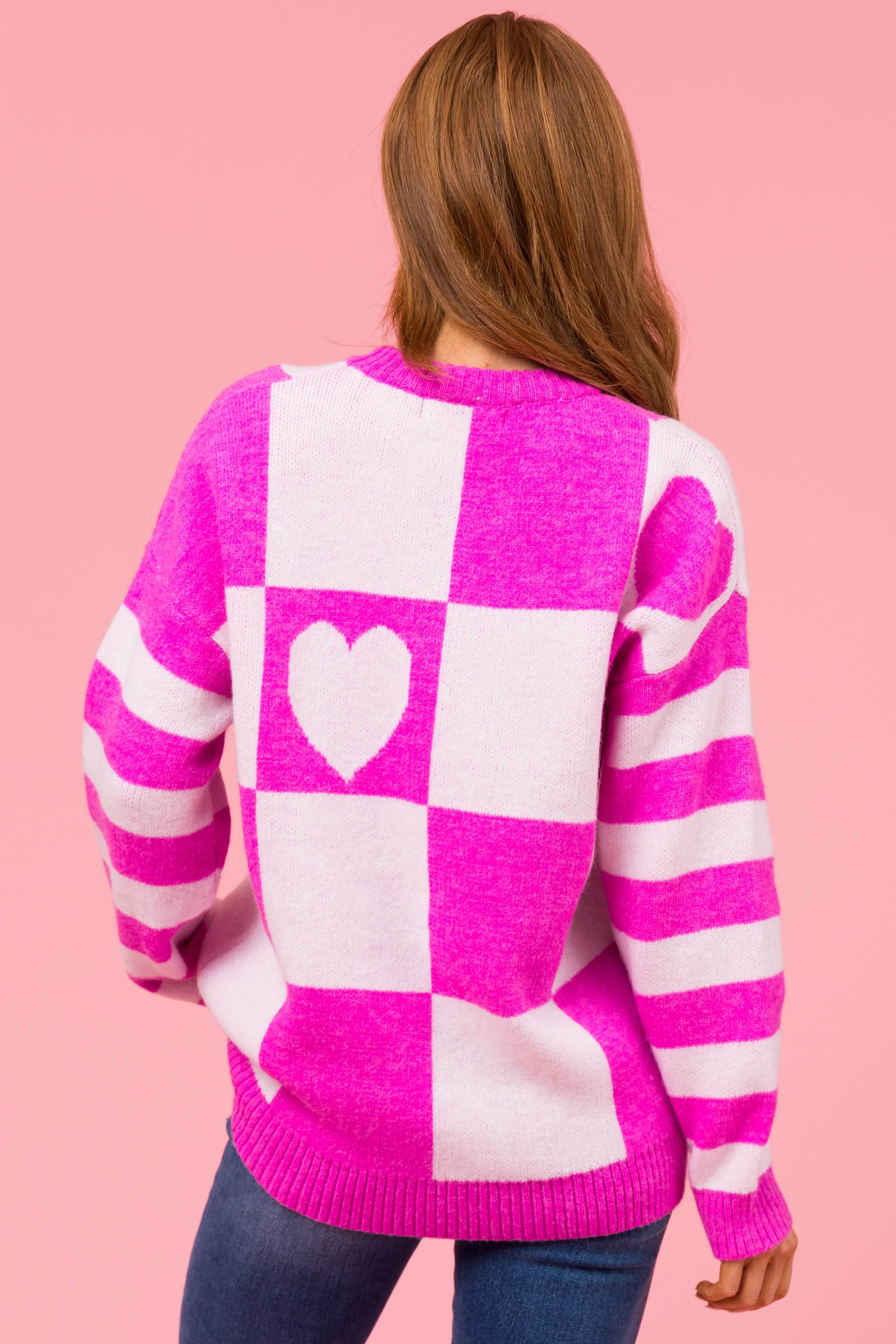 Fuchsia Checkered Heart Contrast Print Sweater