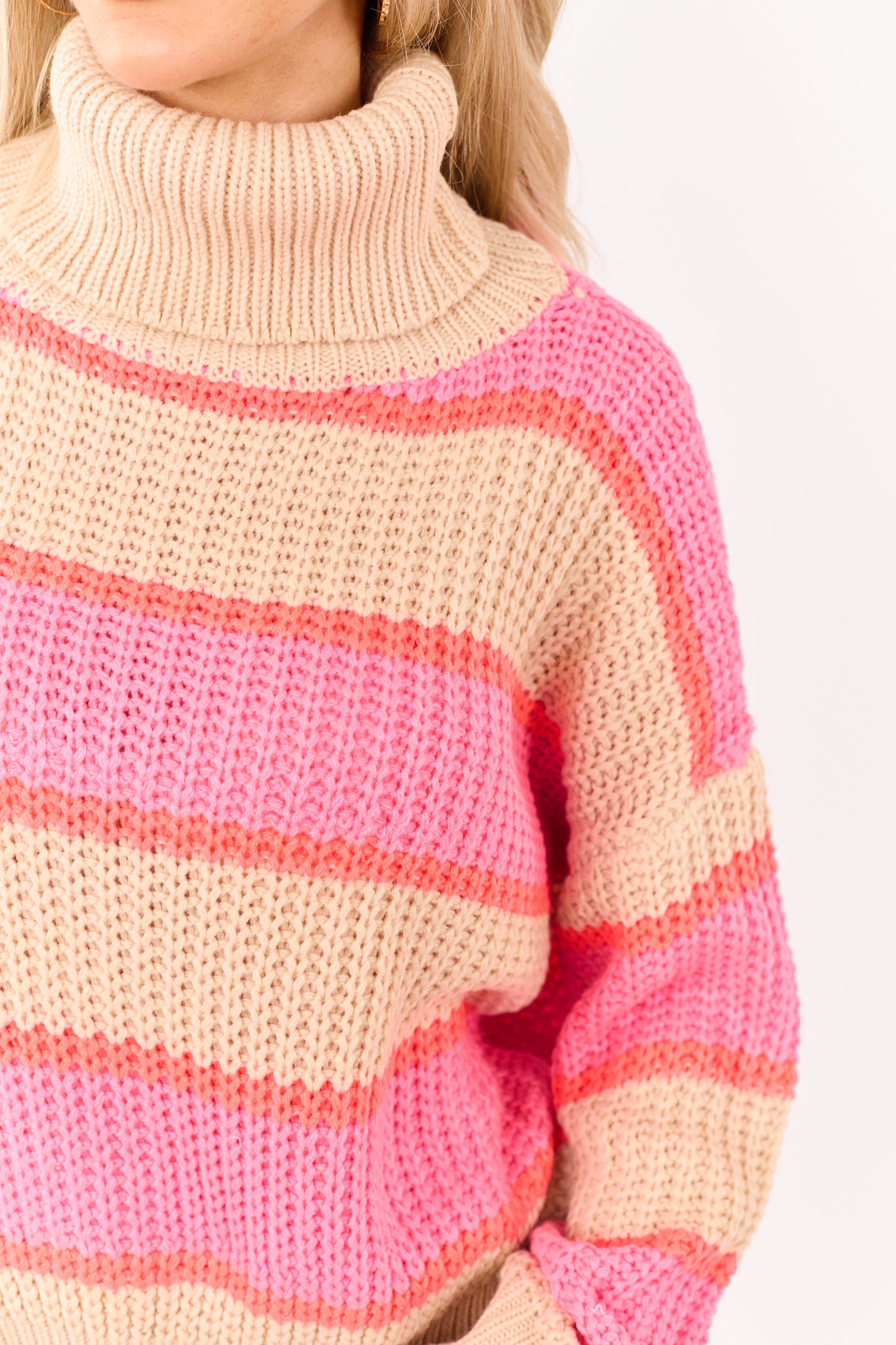 Fuchsia Colorblock Striped Turtleneck Sweater