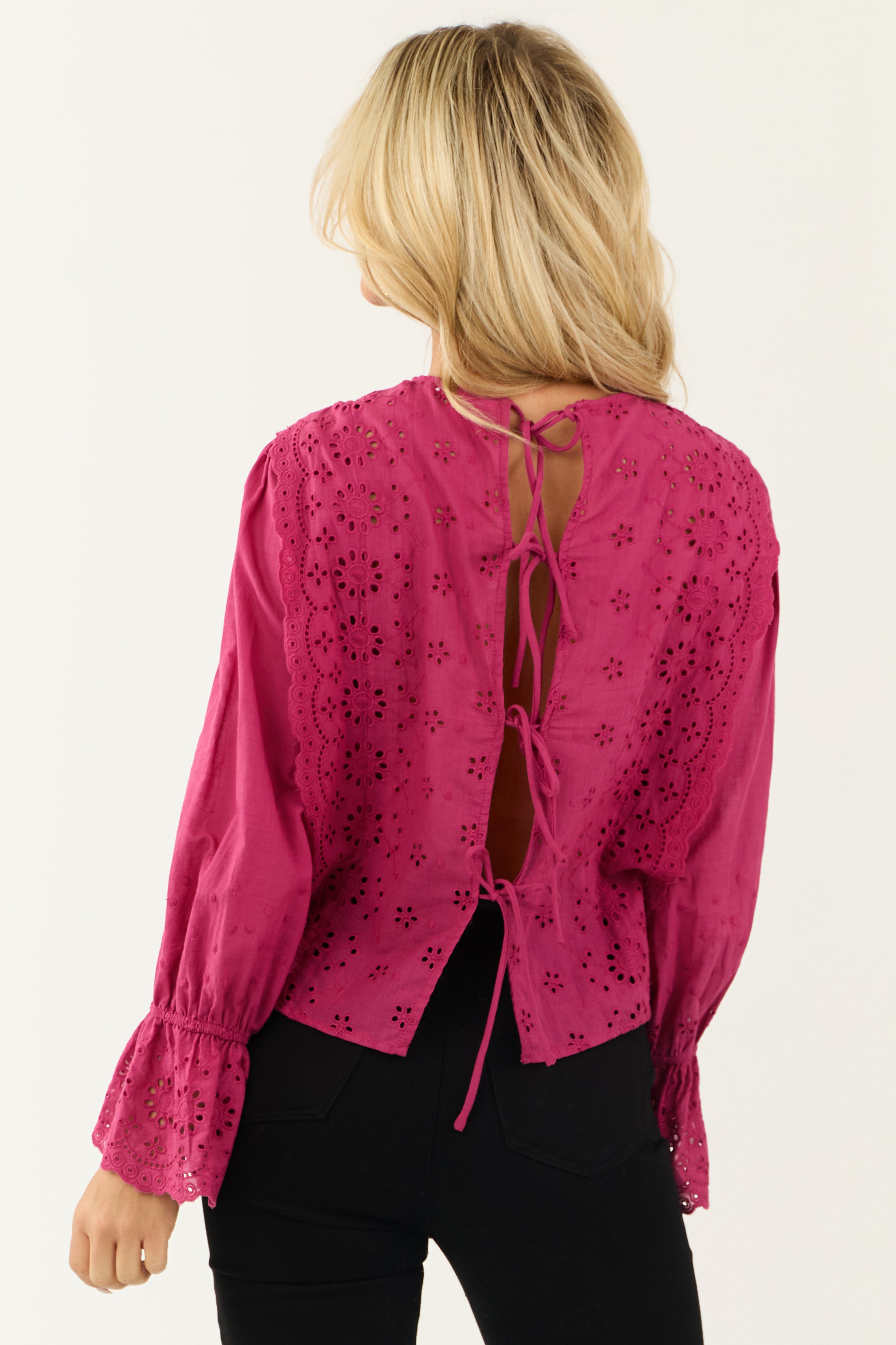 Fuchsia Eyelet Lace Long Sleeve Top with Tie Back | Lime Lush Boutique
