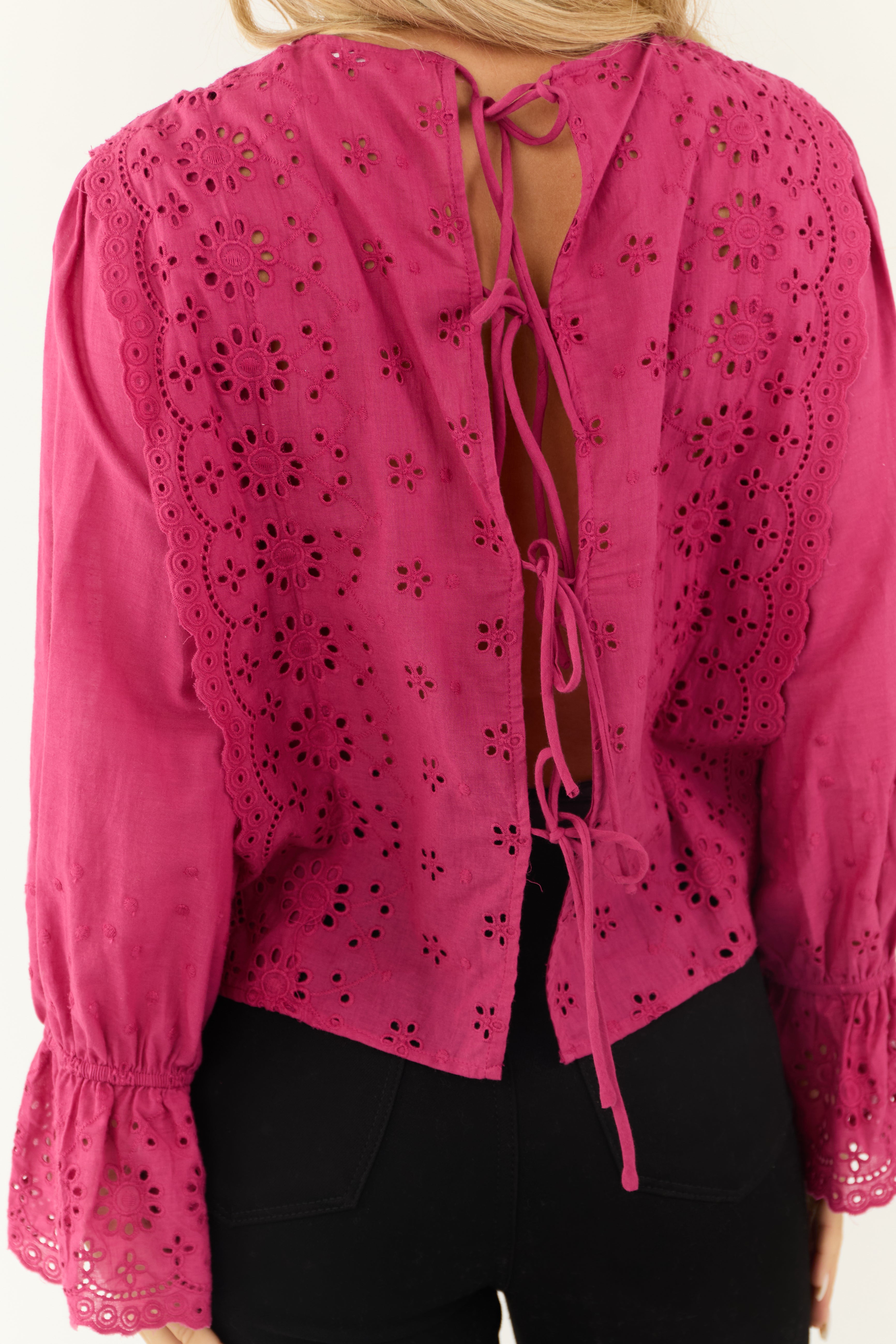 Fuchsia Eyelet Lace Long Sleeve Top with Tie Back | Lime Lush Boutique