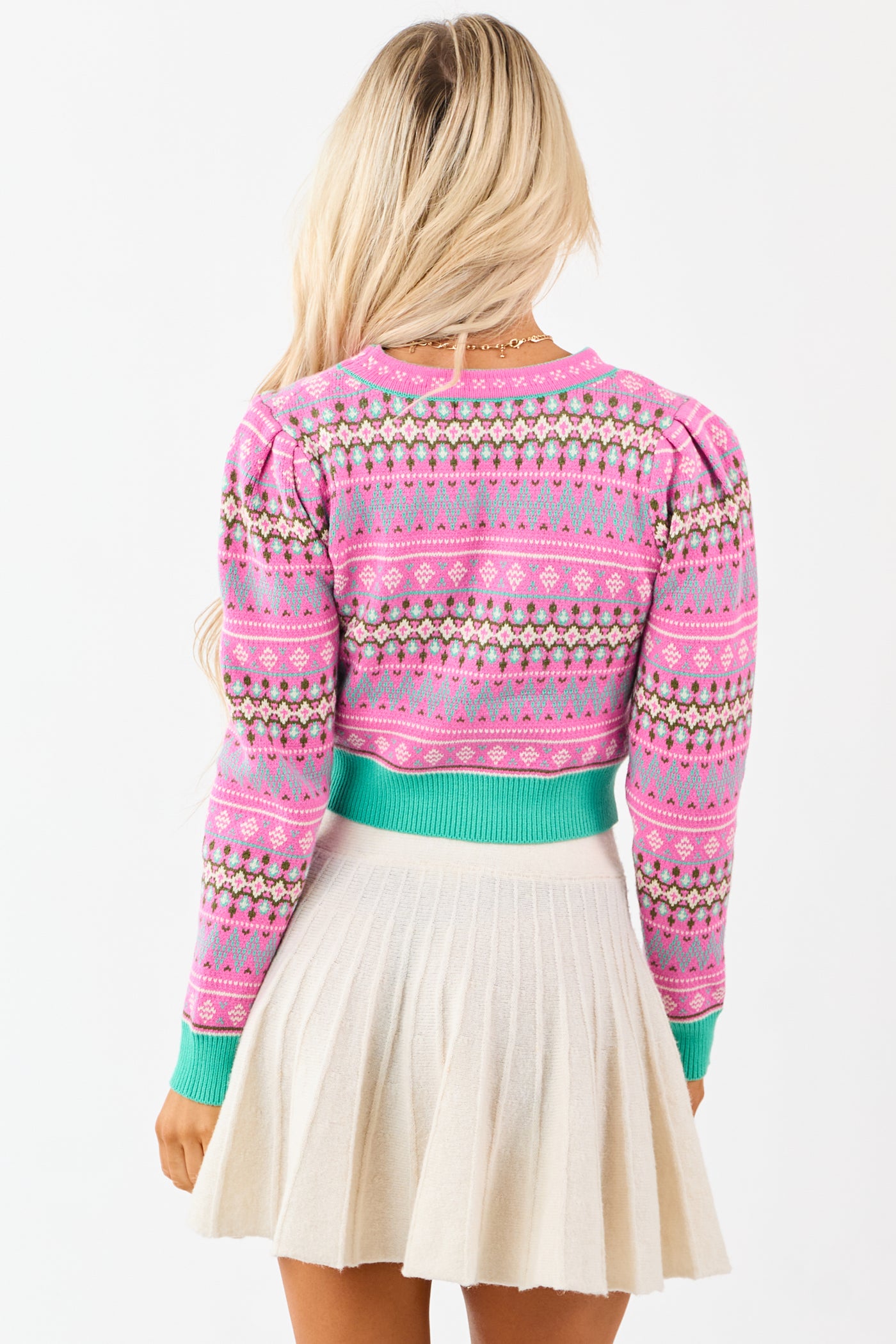 Fuchsia Fair Isle Print Cropped Knit Sweater