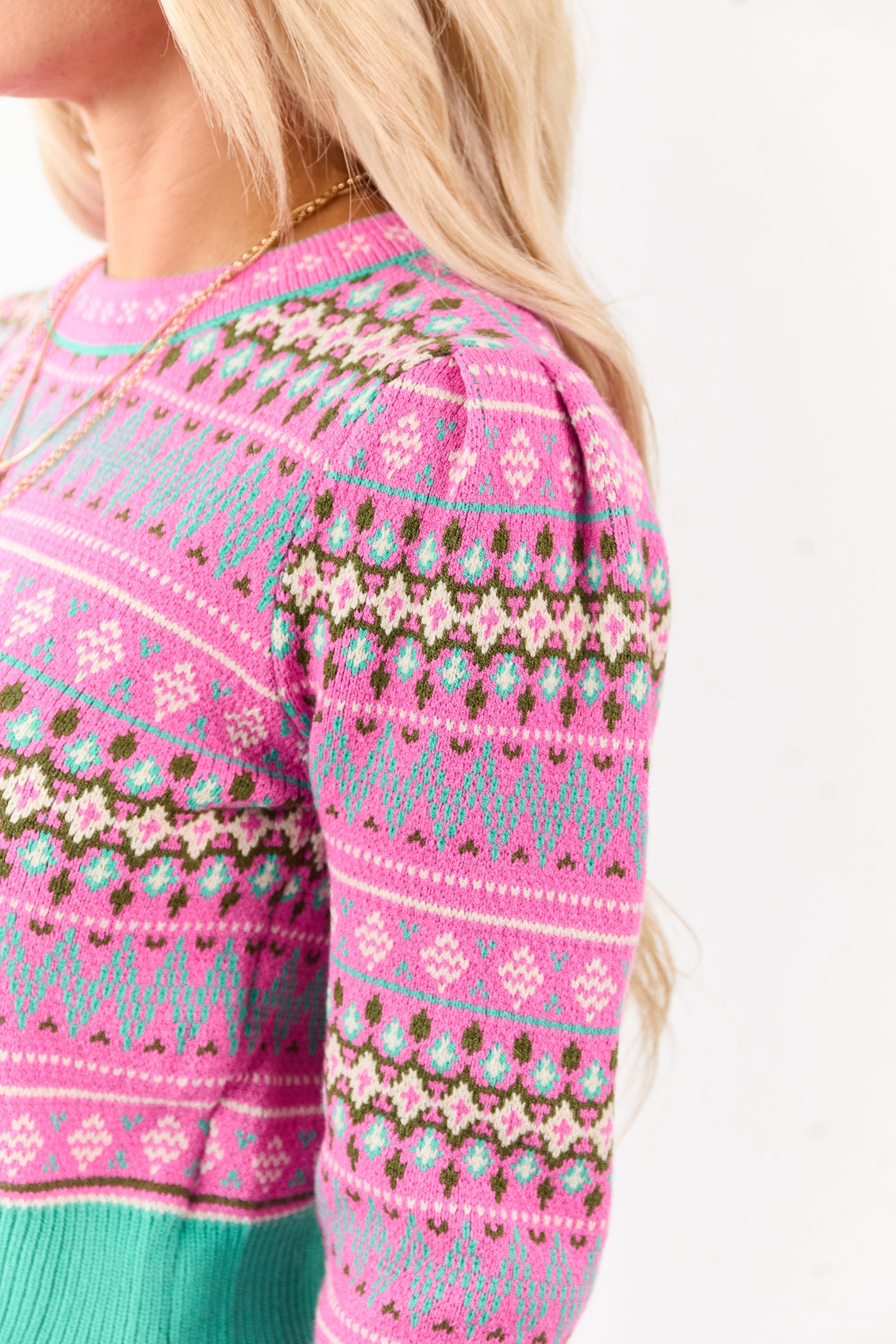 Fuchsia Fair Isle Print Cropped Knit Sweater