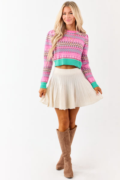 Fuchsia Fair Isle Print Cropped Knit Sweater