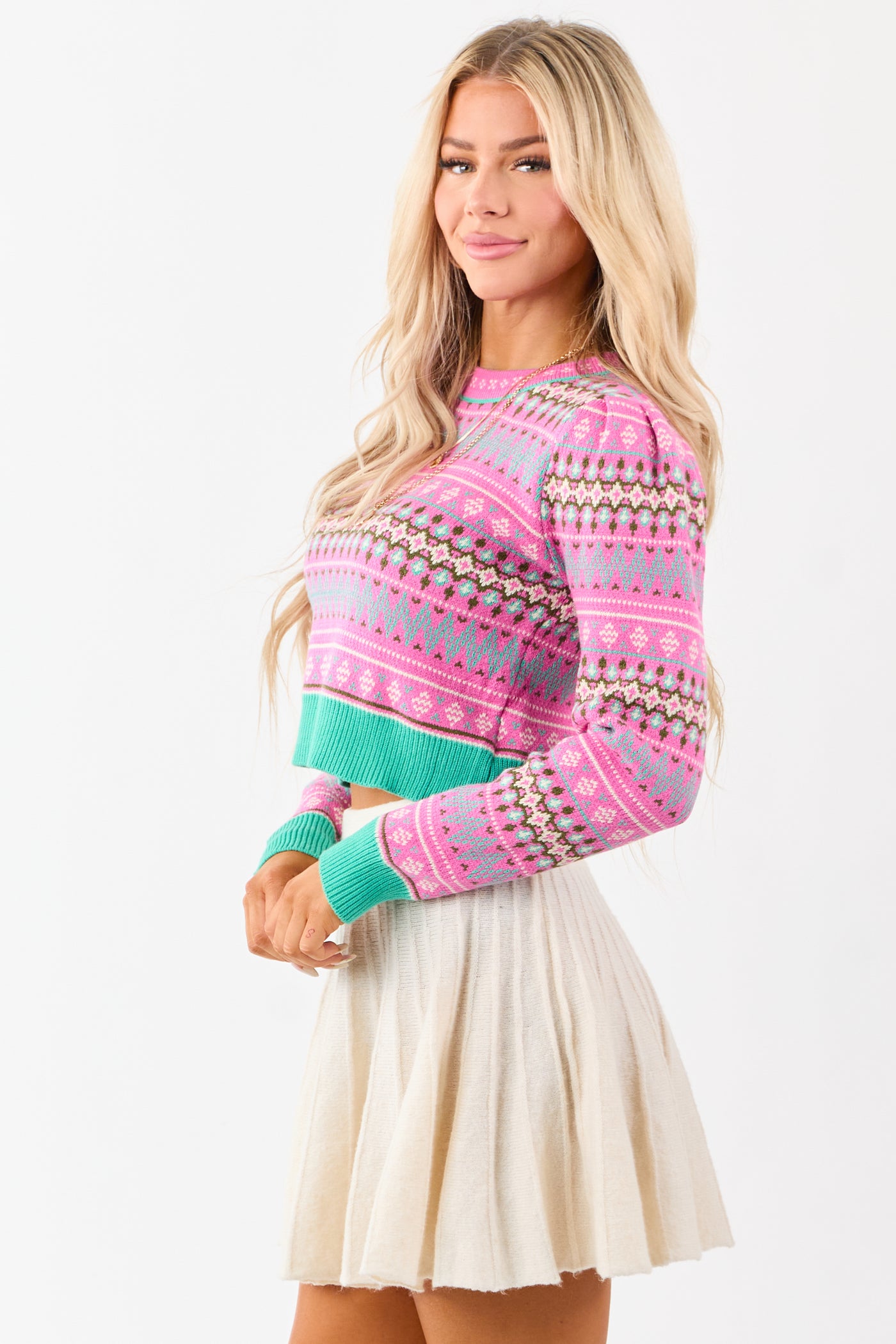 Fuchsia Fair Isle Print Cropped Knit Sweater