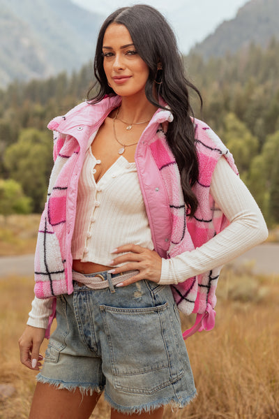 Fuchsia Fleece Plaid Snap Button Down Vest