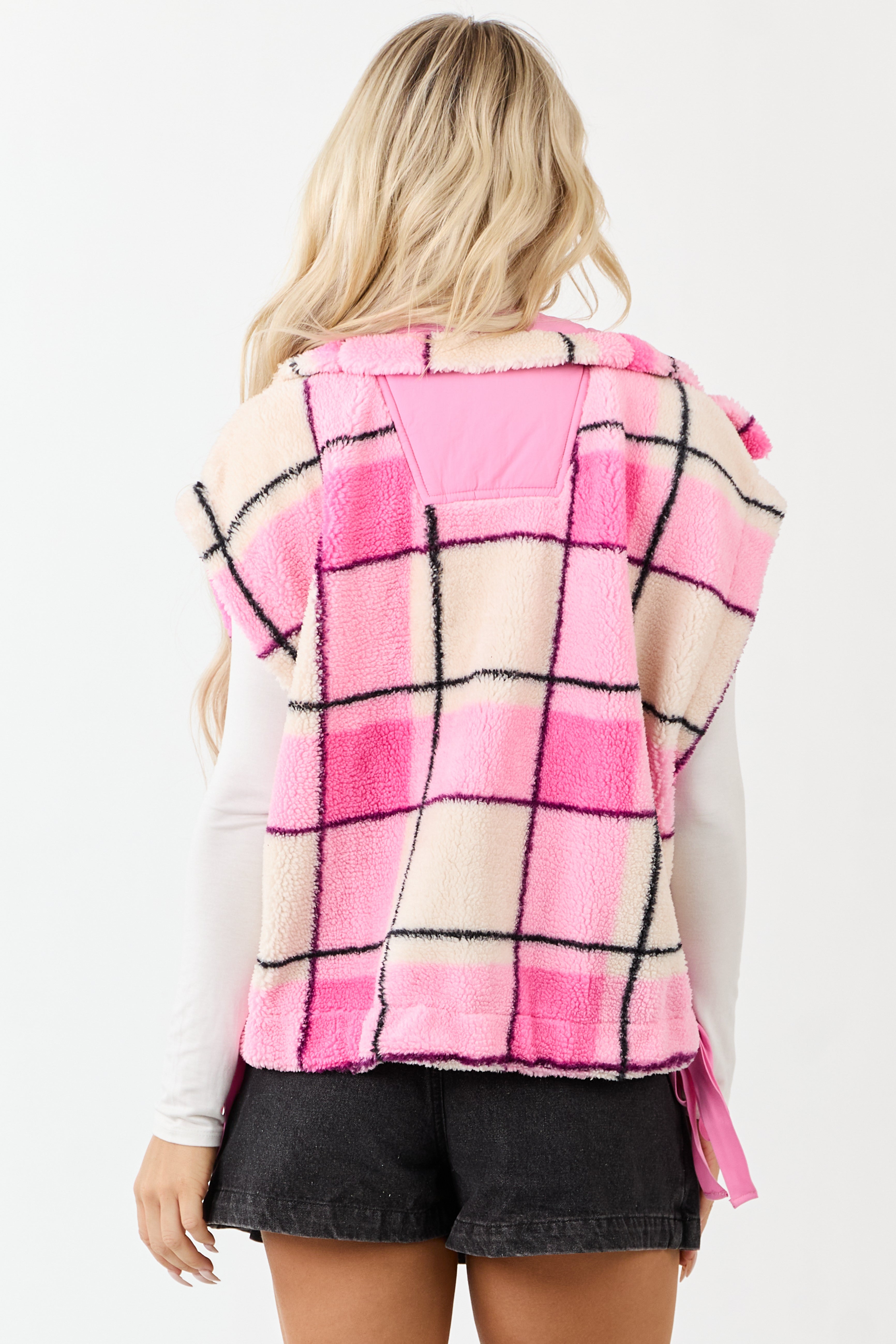 Fuchsia Fleece Plaid Snap Button Down Vest