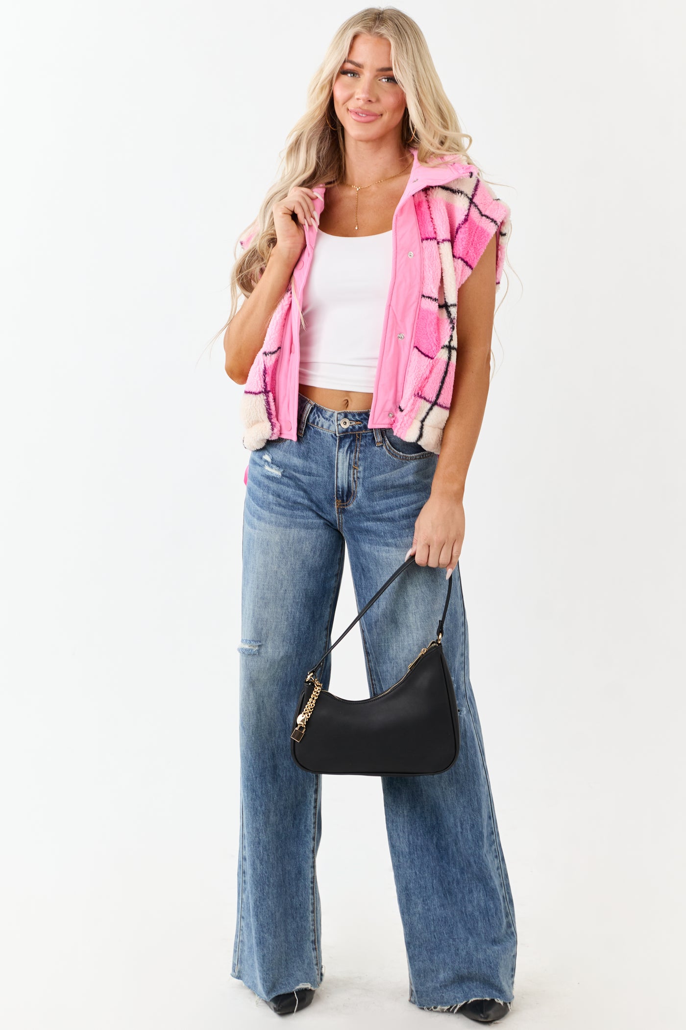 Fuchsia Fleece Plaid Snap Button Down Vest