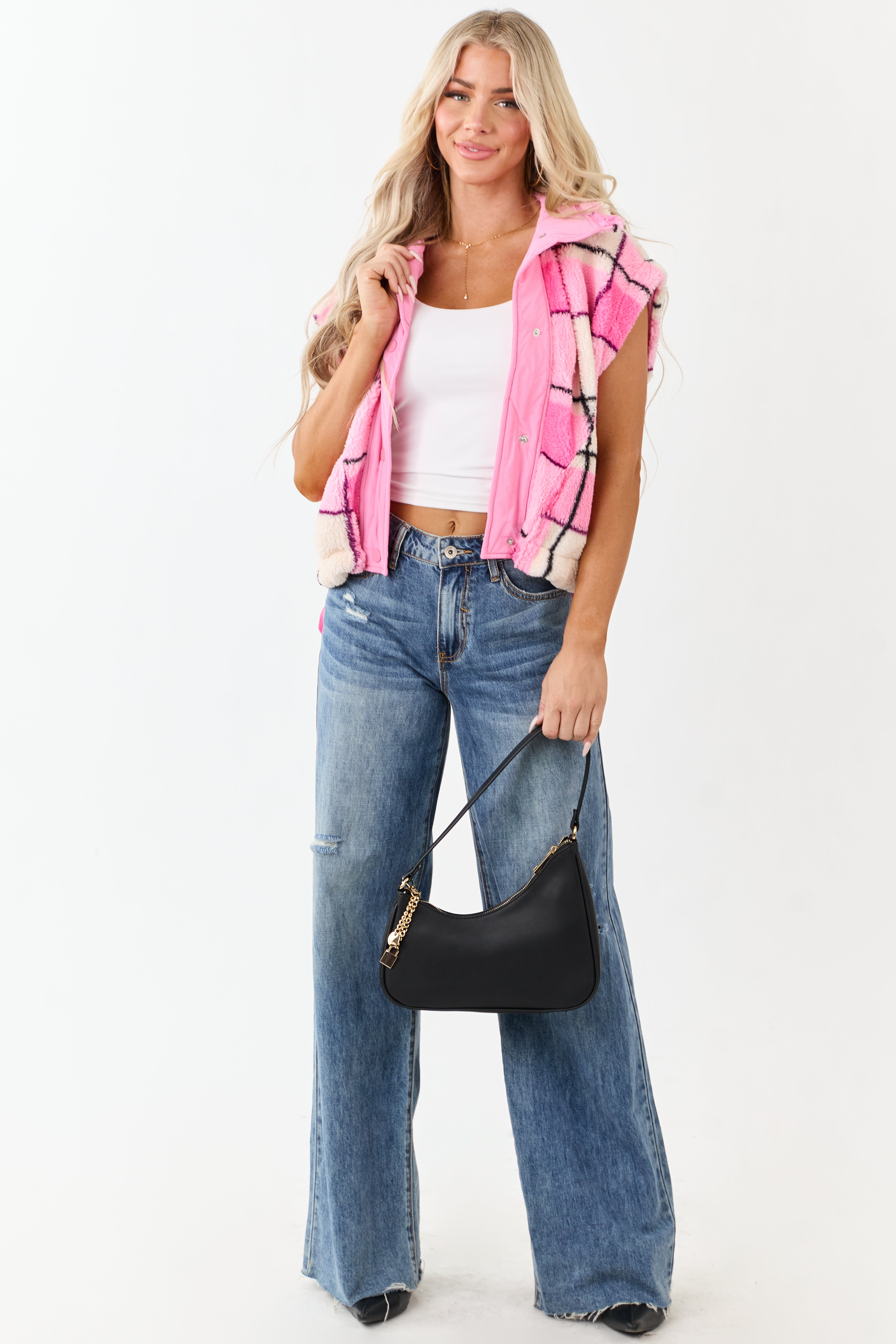 Fuchsia Fleece Plaid Snap Button Down Vest