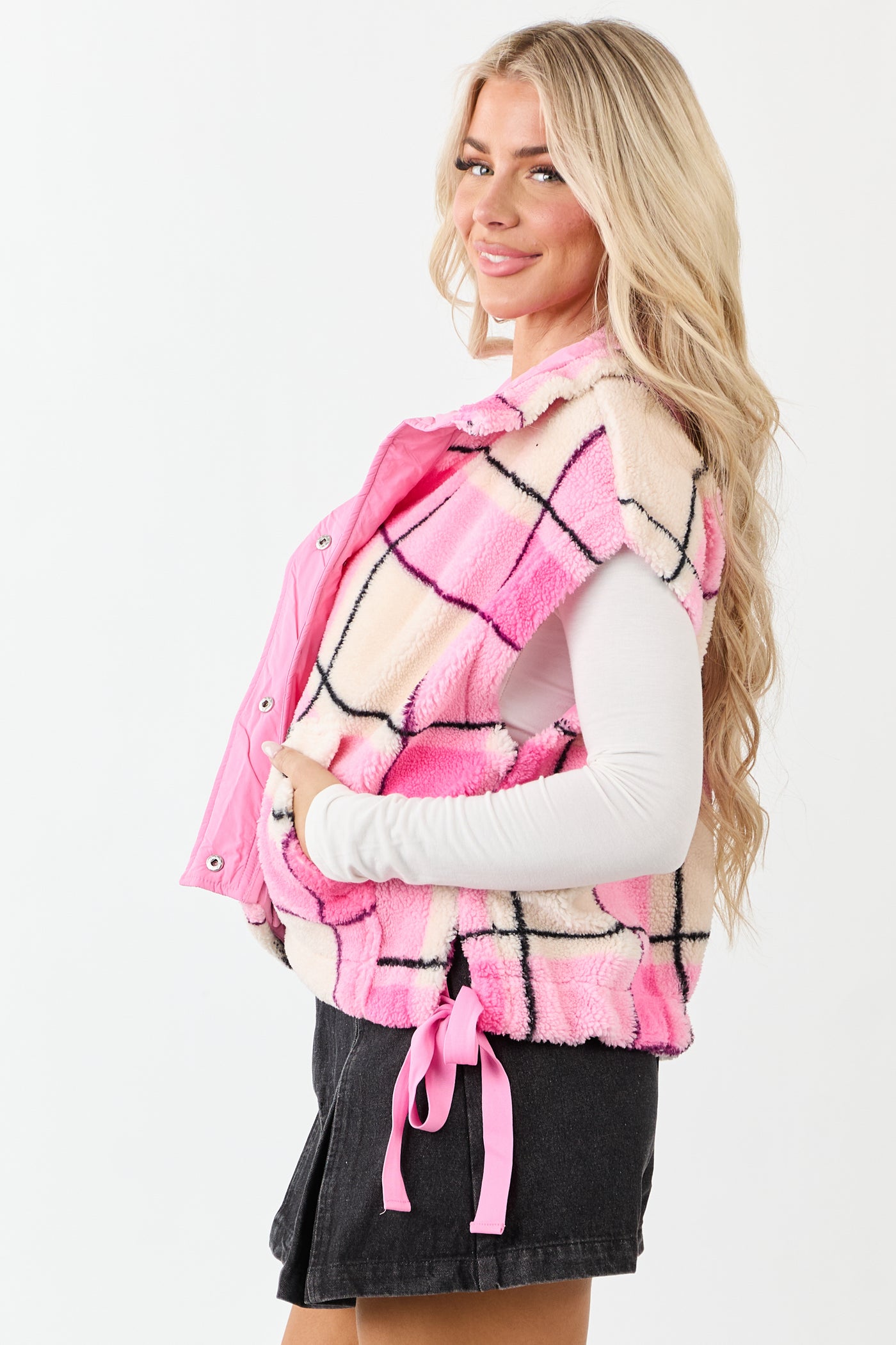 Fuchsia Fleece Plaid Snap Button Down Vest