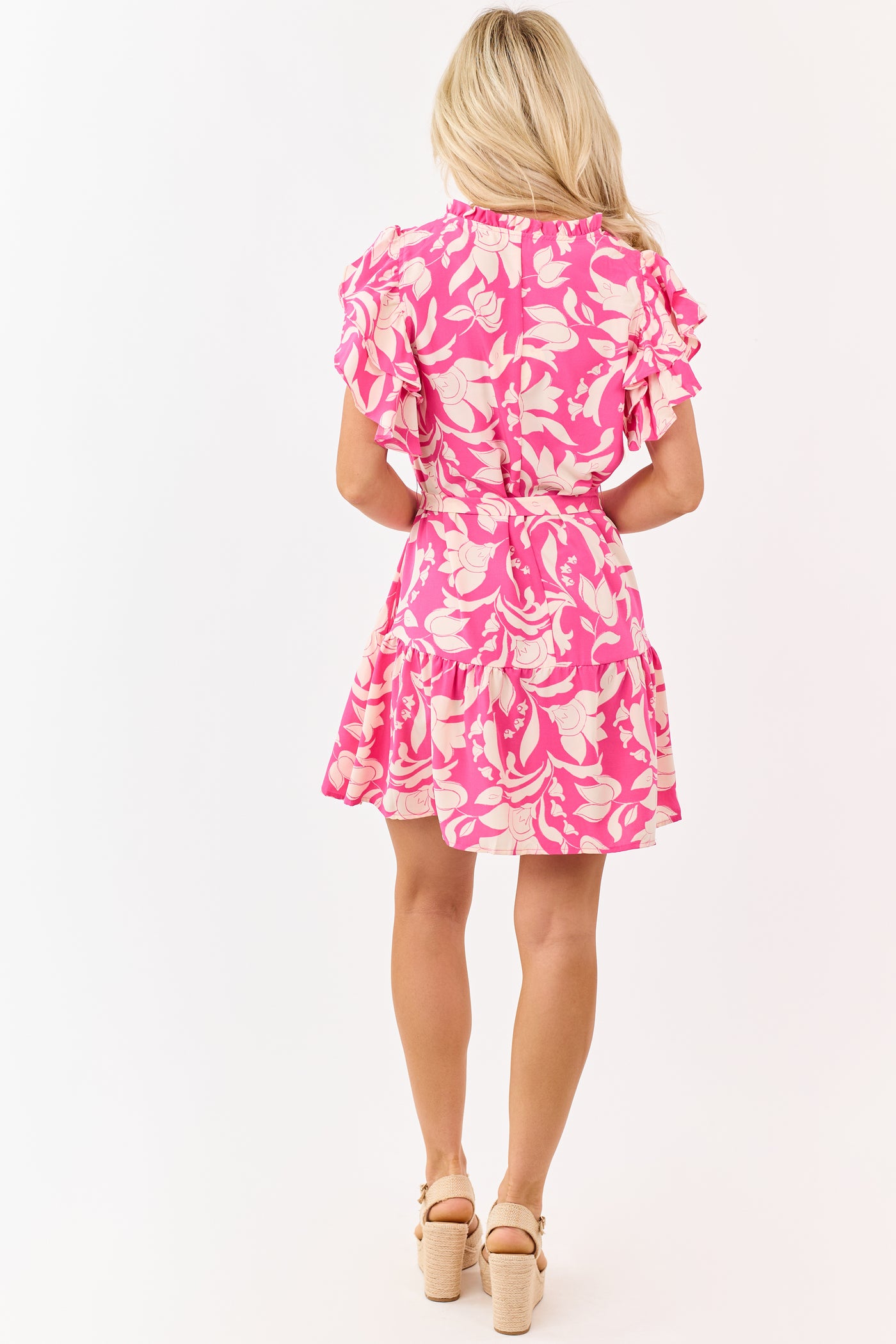 Fuchsia Floral Flutter Sleeve Waist Tie Mini Dress