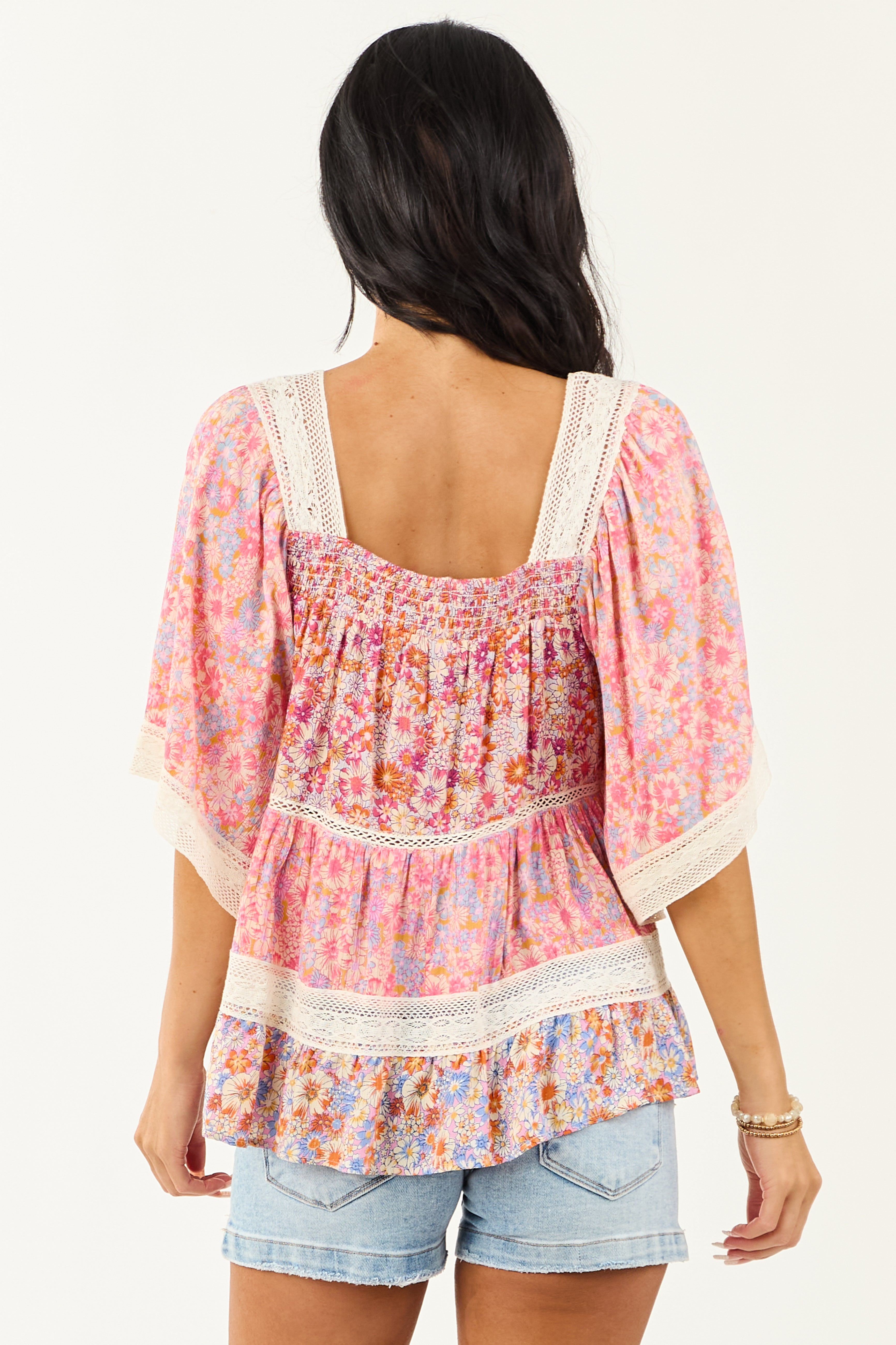 Fuchsia Floral Print Lace Trim Half Sleeve Top