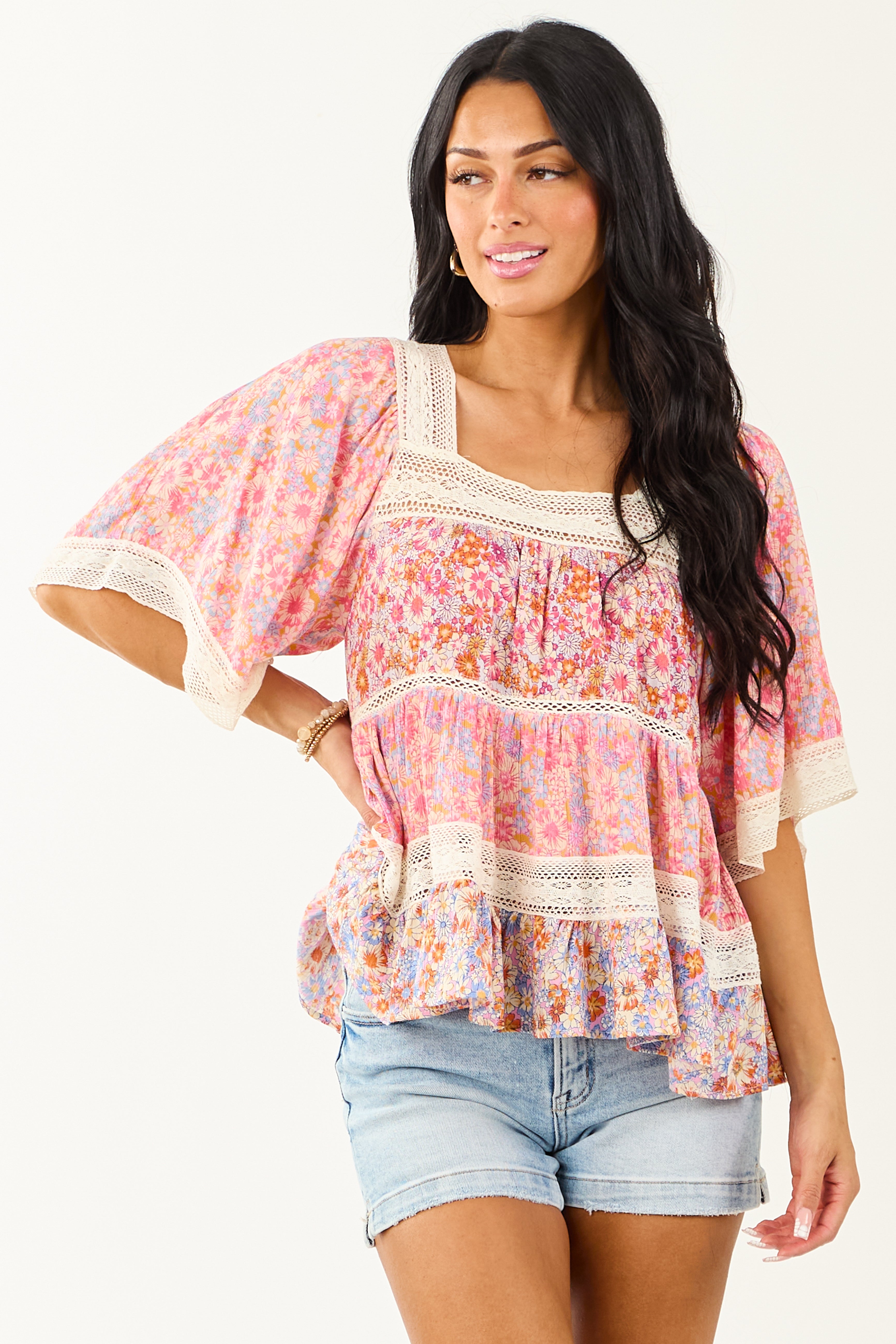 Fuchsia Floral Print Lace Trim Half Sleeve Top
