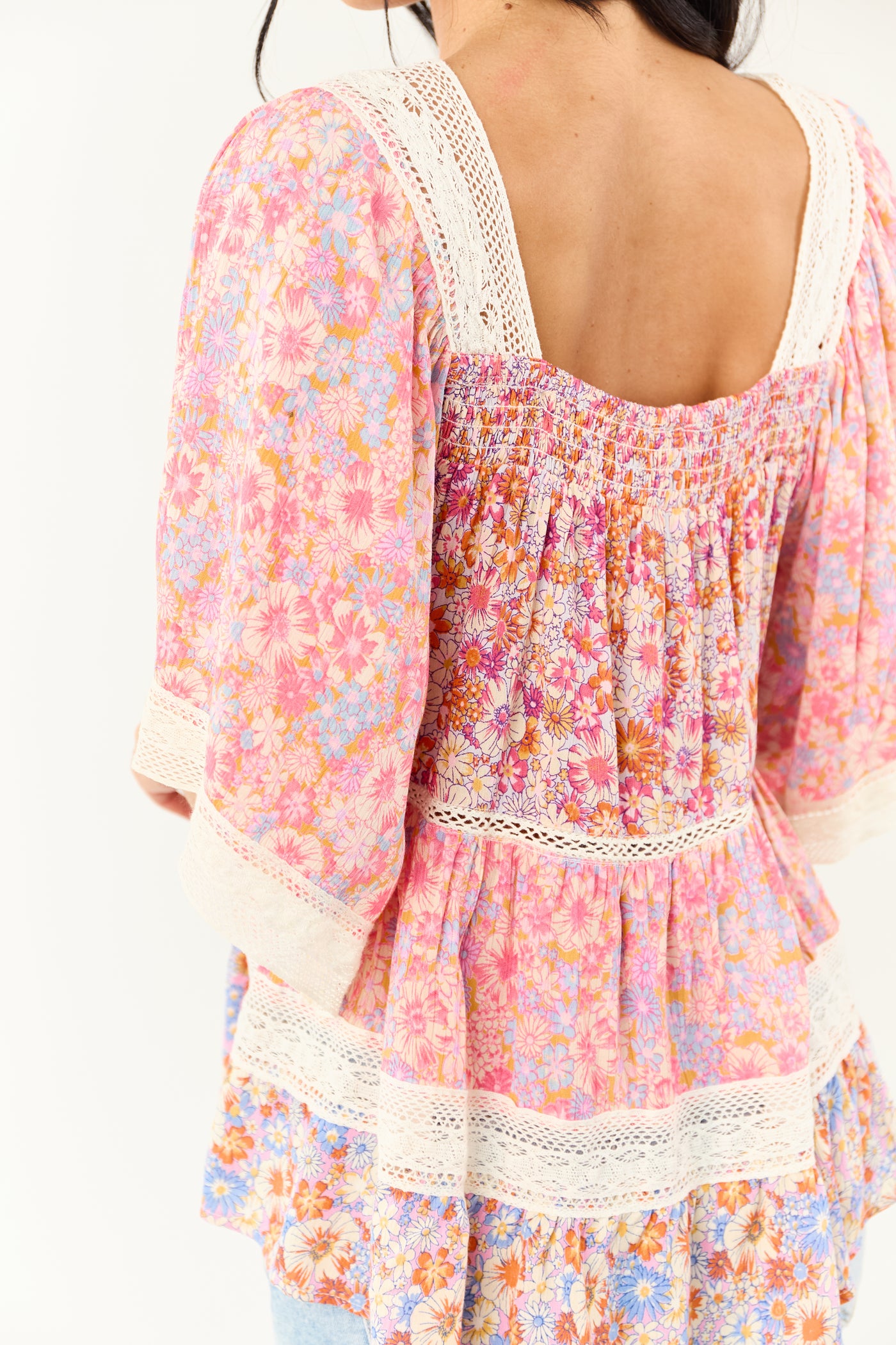 Fuchsia Floral Print Lace Trim Half Sleeve Top